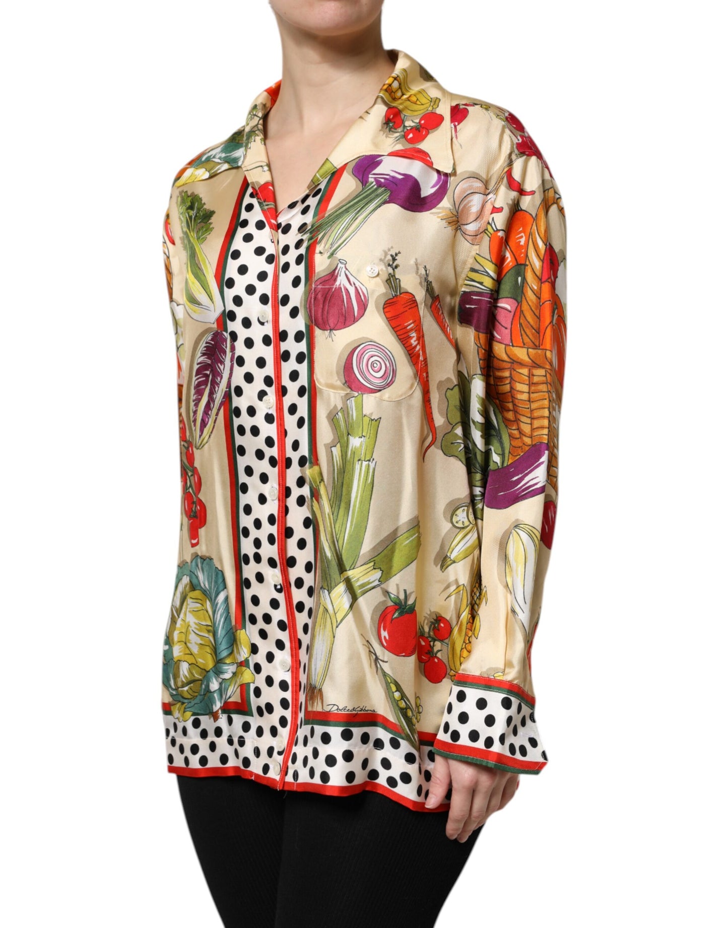 Blusa de manga larga de seda con verduras multicolor