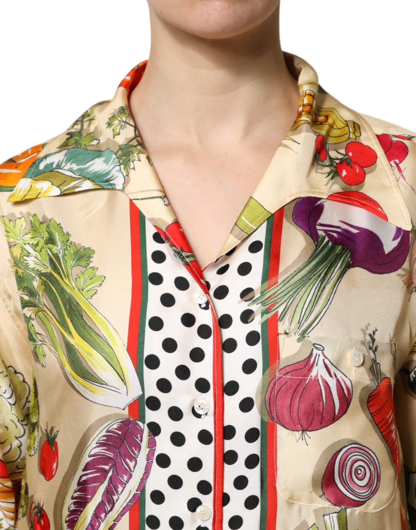 Blusa de manga larga de seda con verduras multicolor