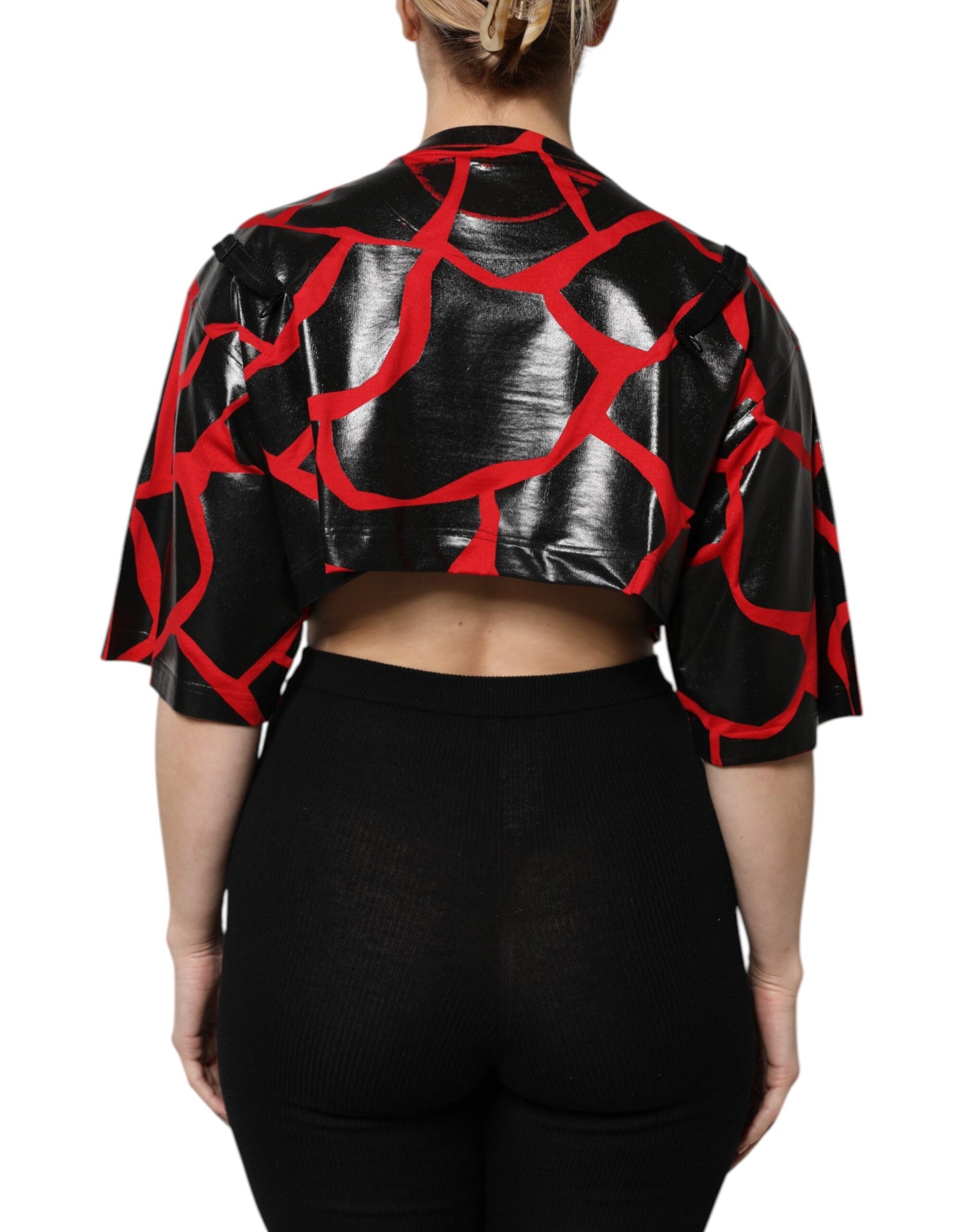 Top corto con detalle de bustier de algodón rojo y negro