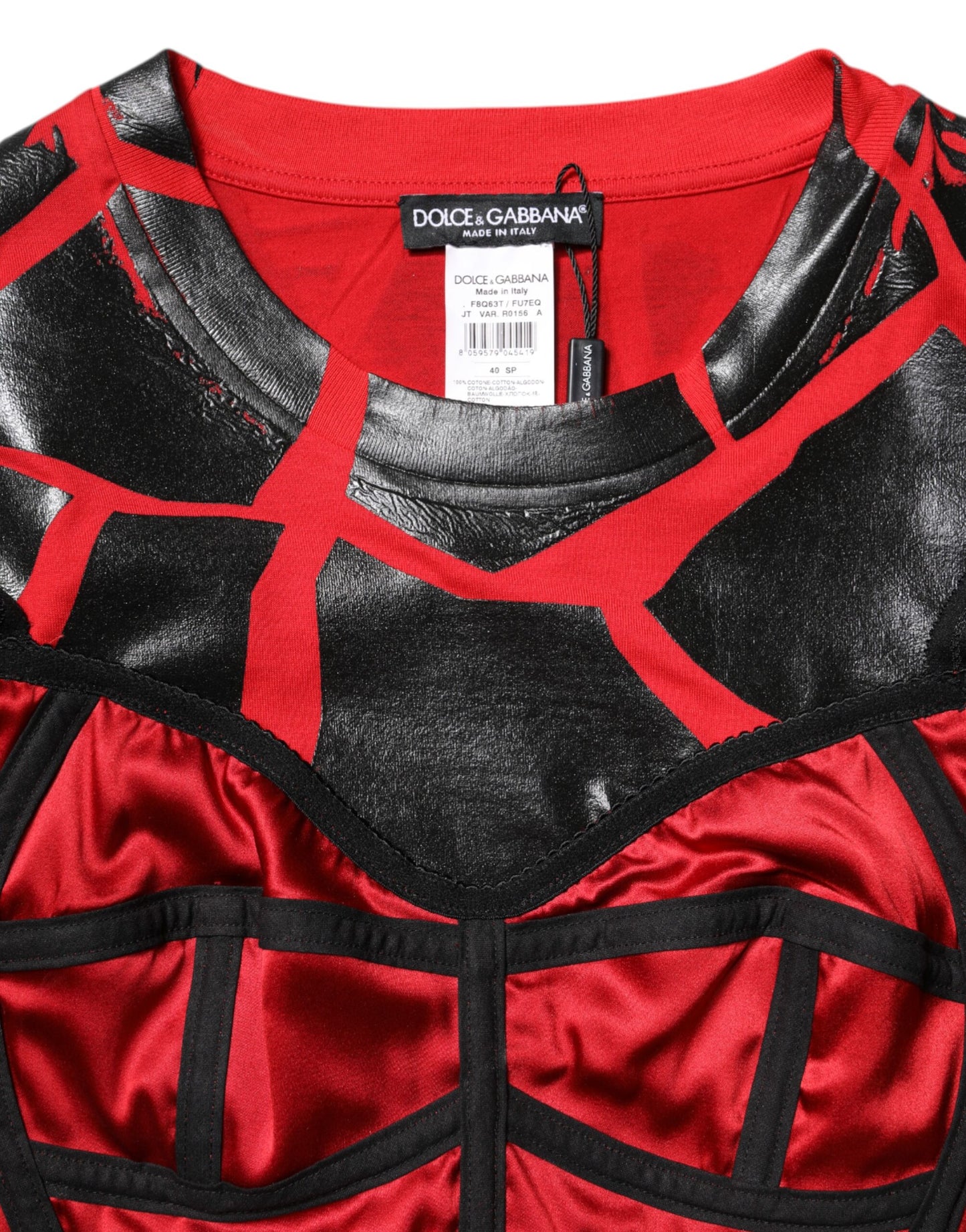Top corto con detalle de bustier de algodón rojo y negro