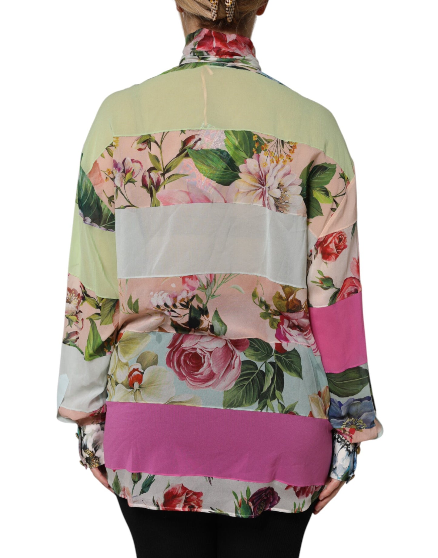 Top de manga larga con patchwork floral multicolor