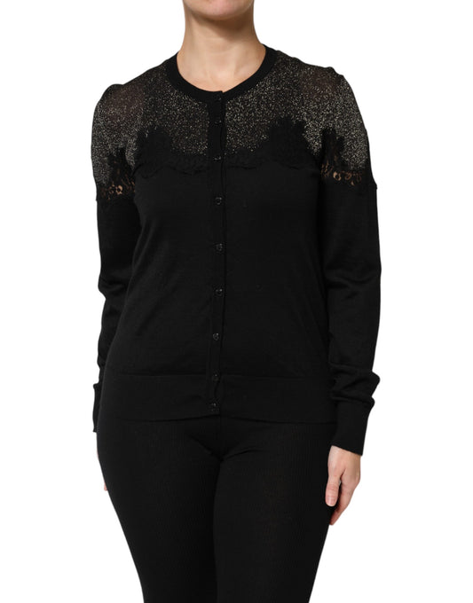 Pull cardigan boutonné en dentelle de viscose noire