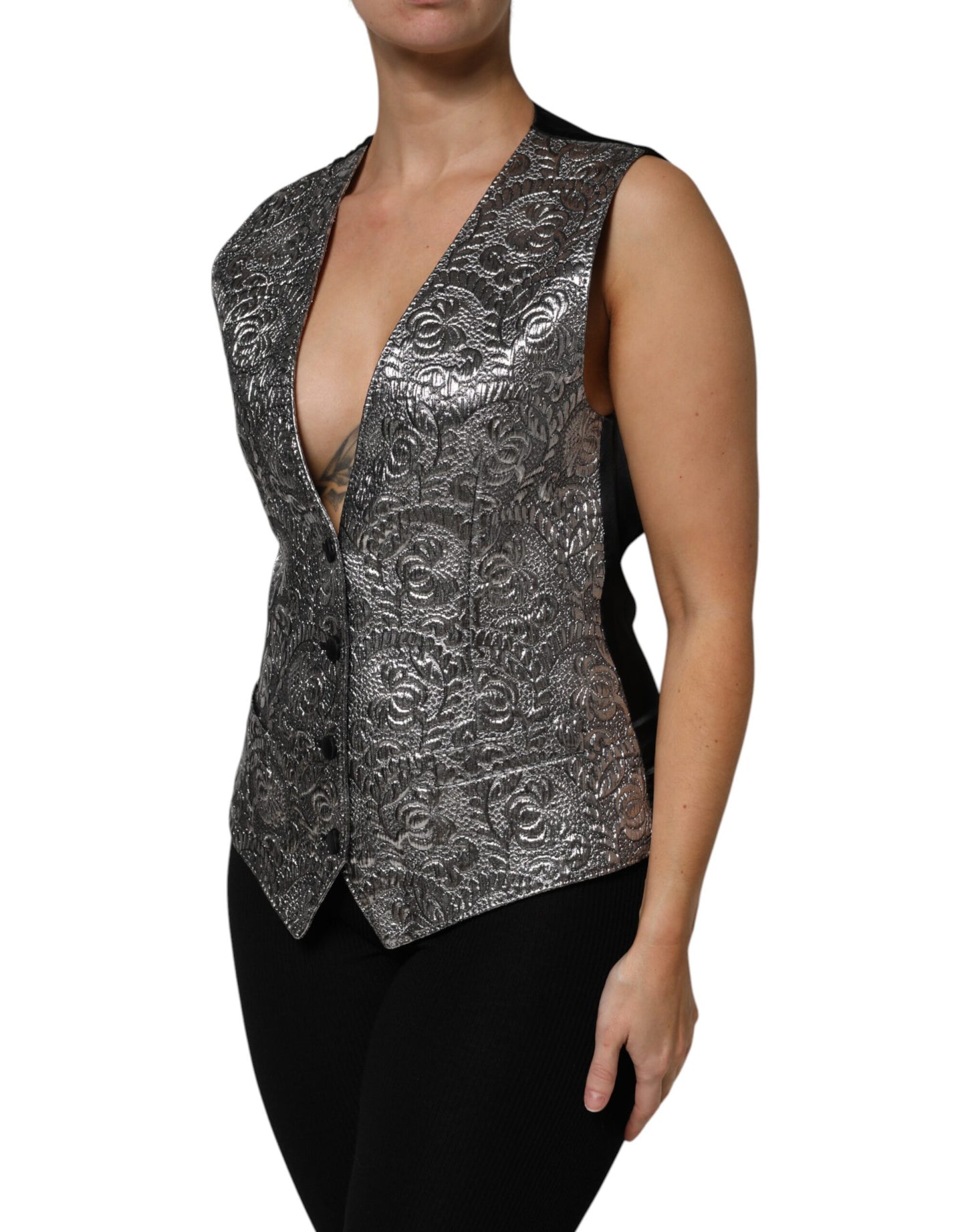 Top sin mangas de jacquard con estampado floral plateado