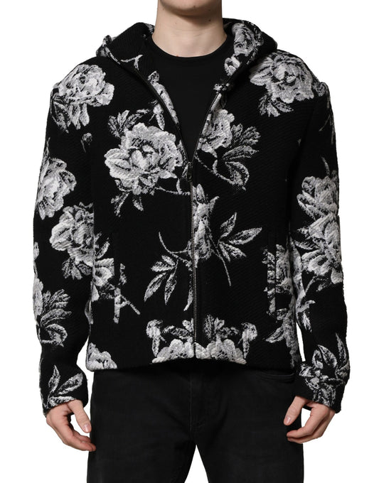 Chaqueta con capucha de lana negra con estampado floral para hombre