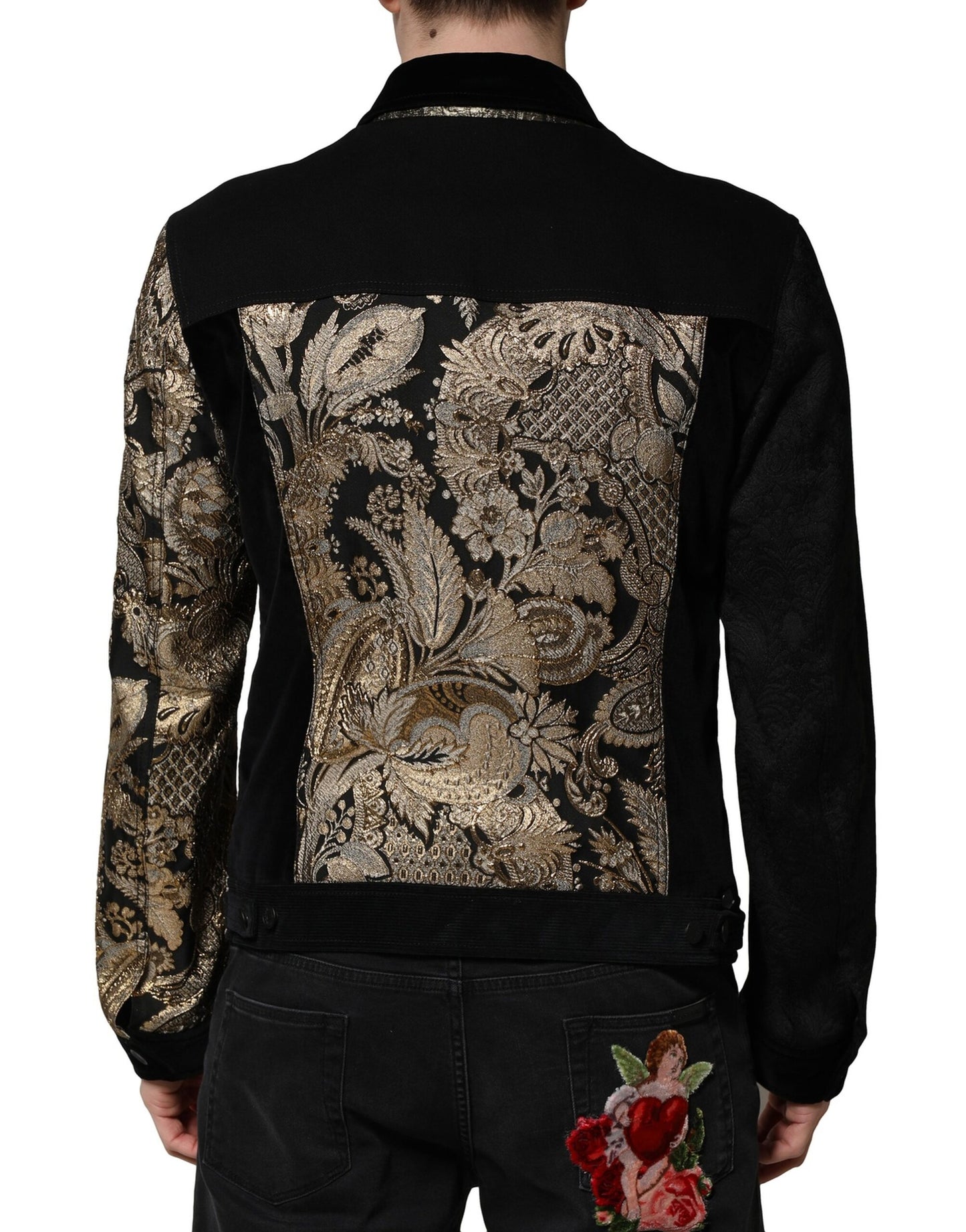 Chaqueta motera de jacquard floral en dorado y negro para hombre