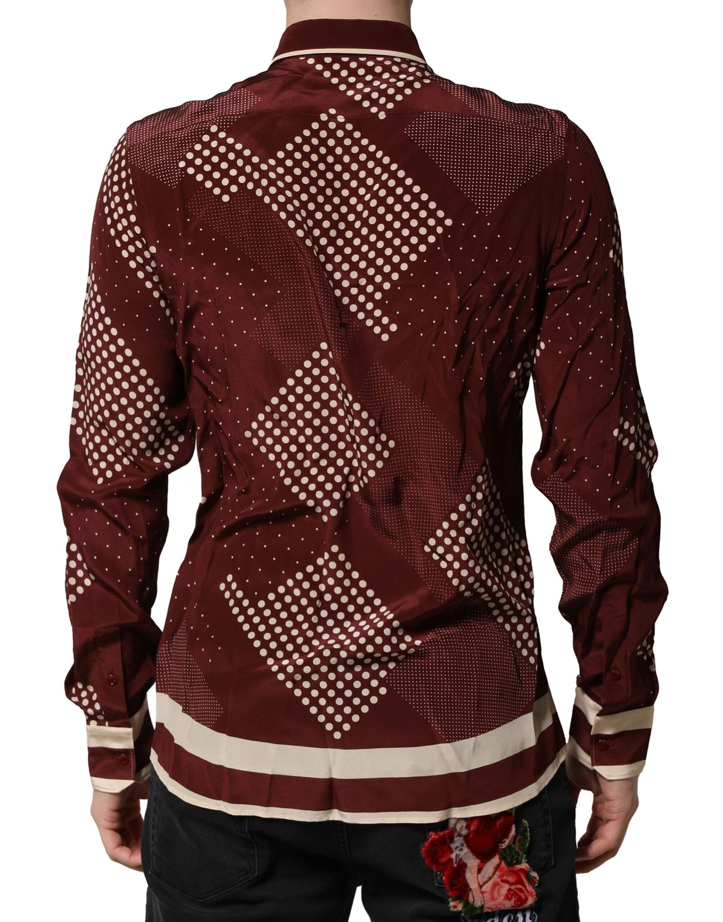 Camisa informal de manga larga de seda con lunares color granate