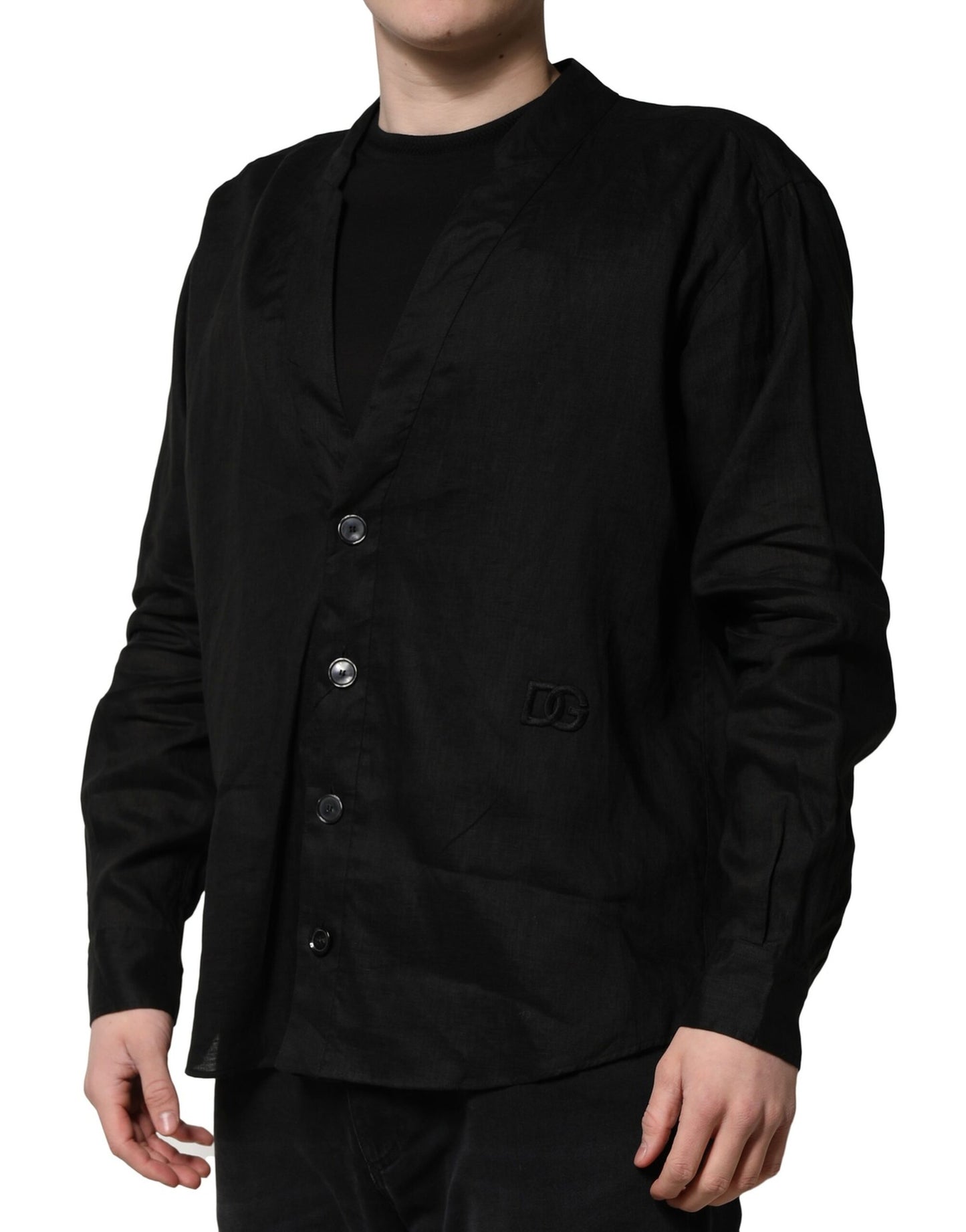Camisa casual de lino negro de manga larga para hombre