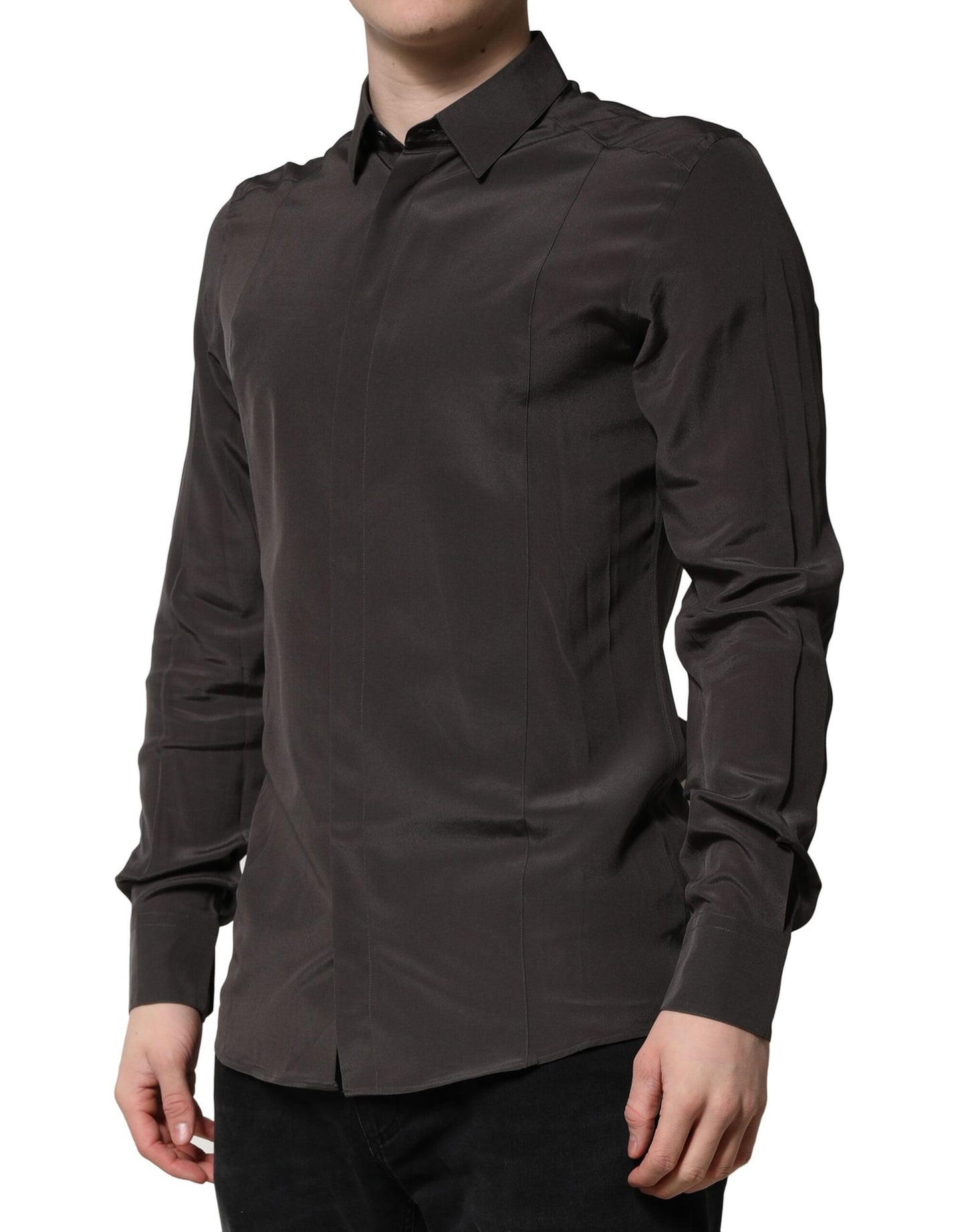 Camisa formal de vestir para hombre en seda color marrón oscuro dorado