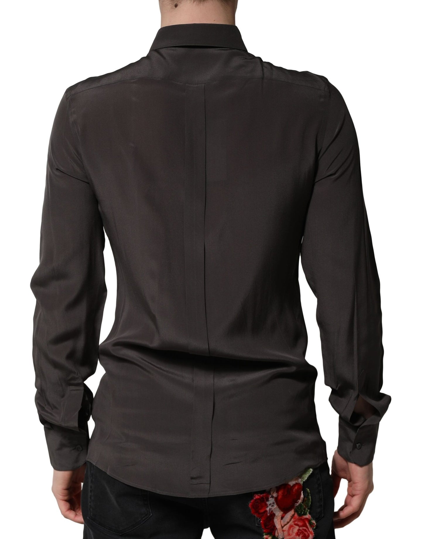 Camisa formal de vestir para hombre en seda color marrón oscuro dorado