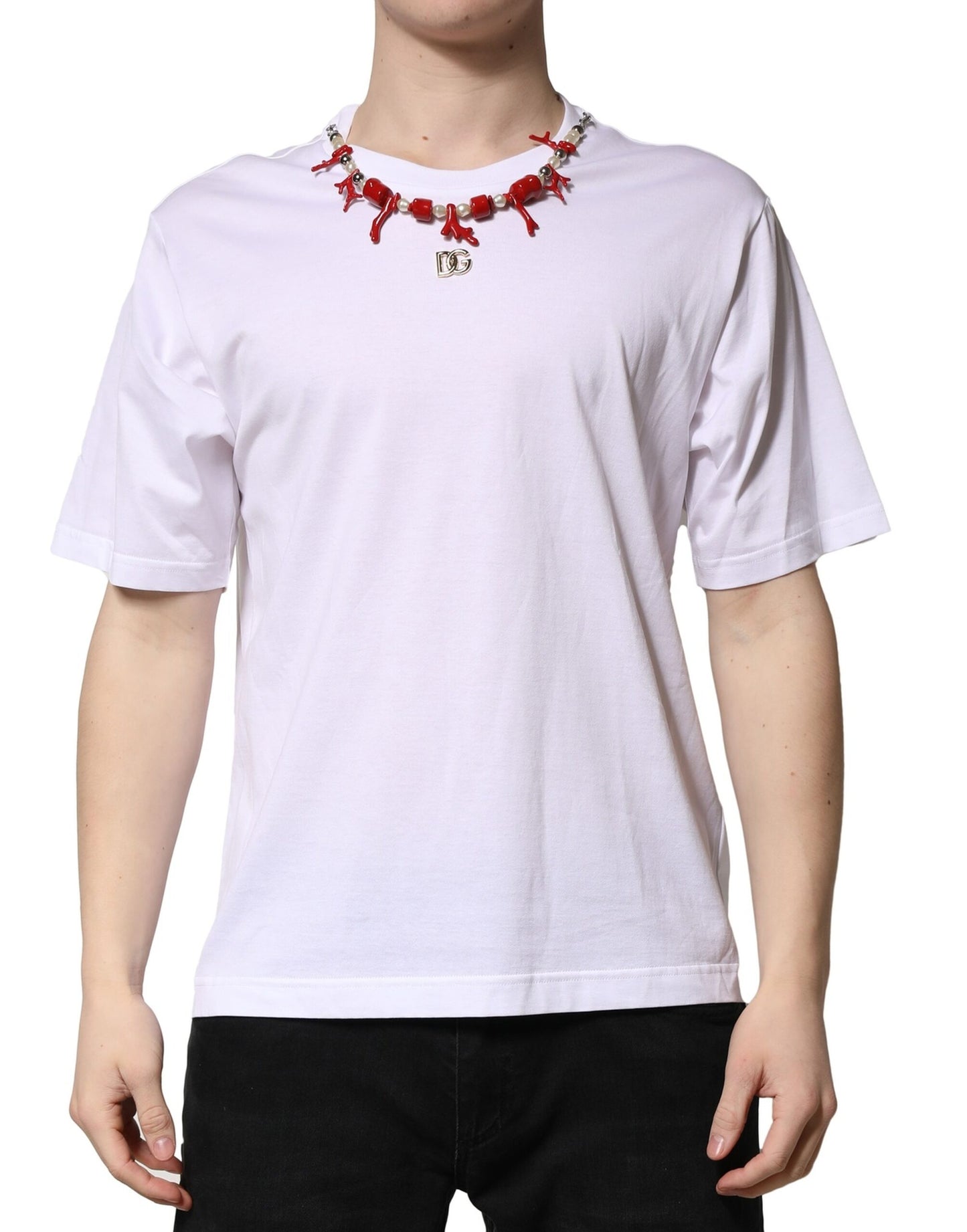 T-shirt ras du cou en coton blanc orné