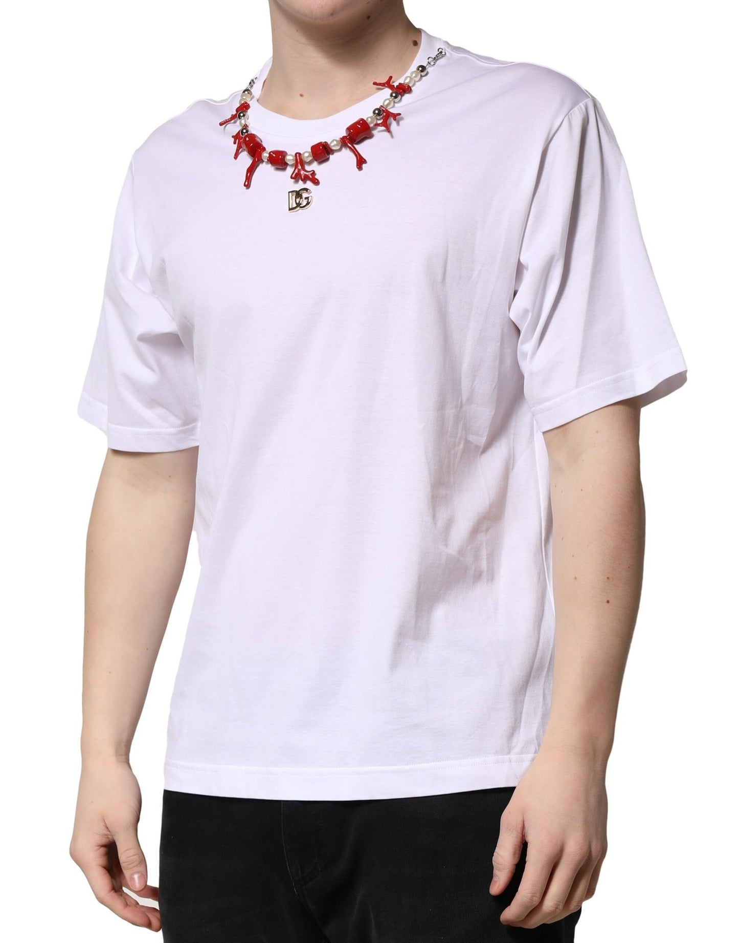 T-shirt ras du cou en coton blanc orné