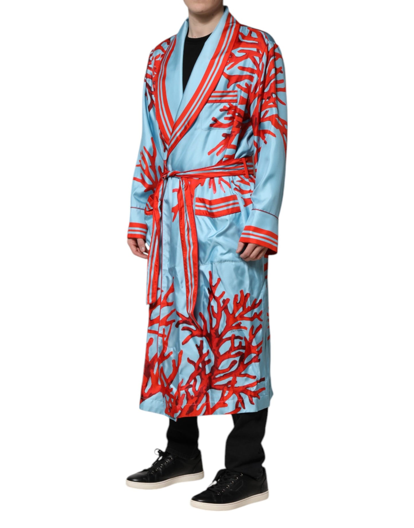 Chaqueta tipo bata cruzada con estampado de coral rojo y azul