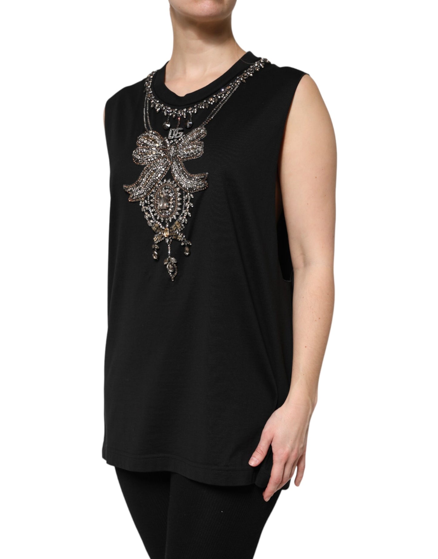 Camiseta sin mangas de algodón negro adornada con diamantes de imitación