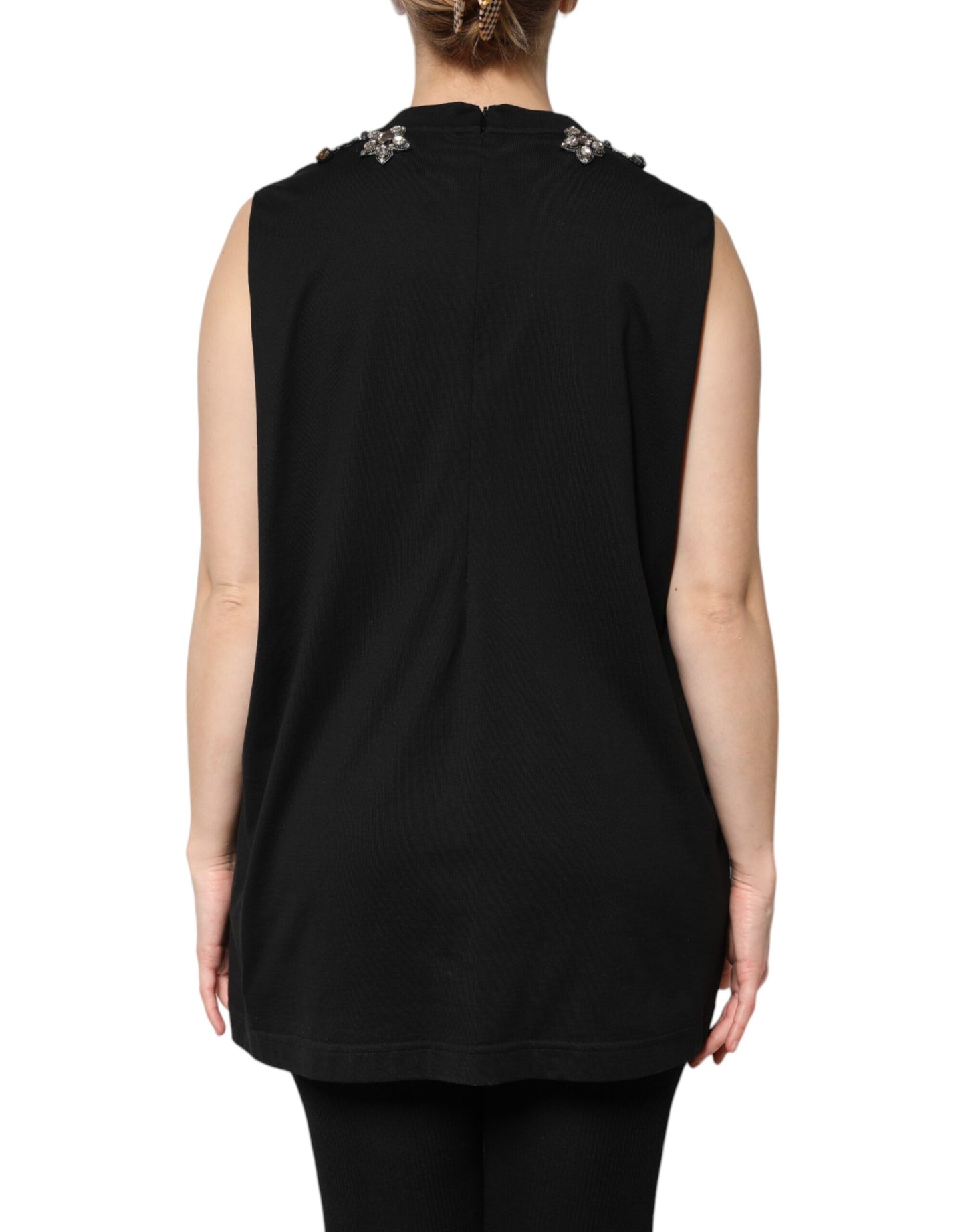 Camiseta sin mangas de algodón negro adornada con diamantes de imitación