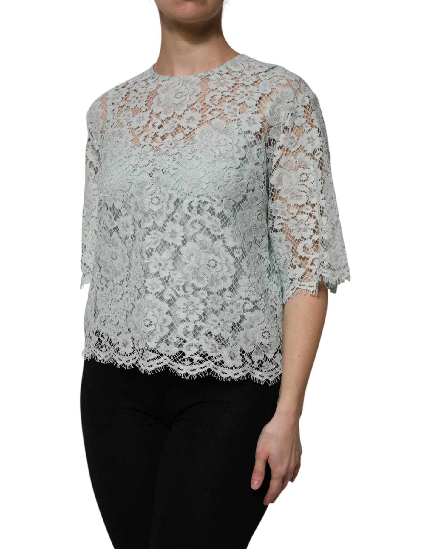Blusa de algodón con encaje floral verde menta
