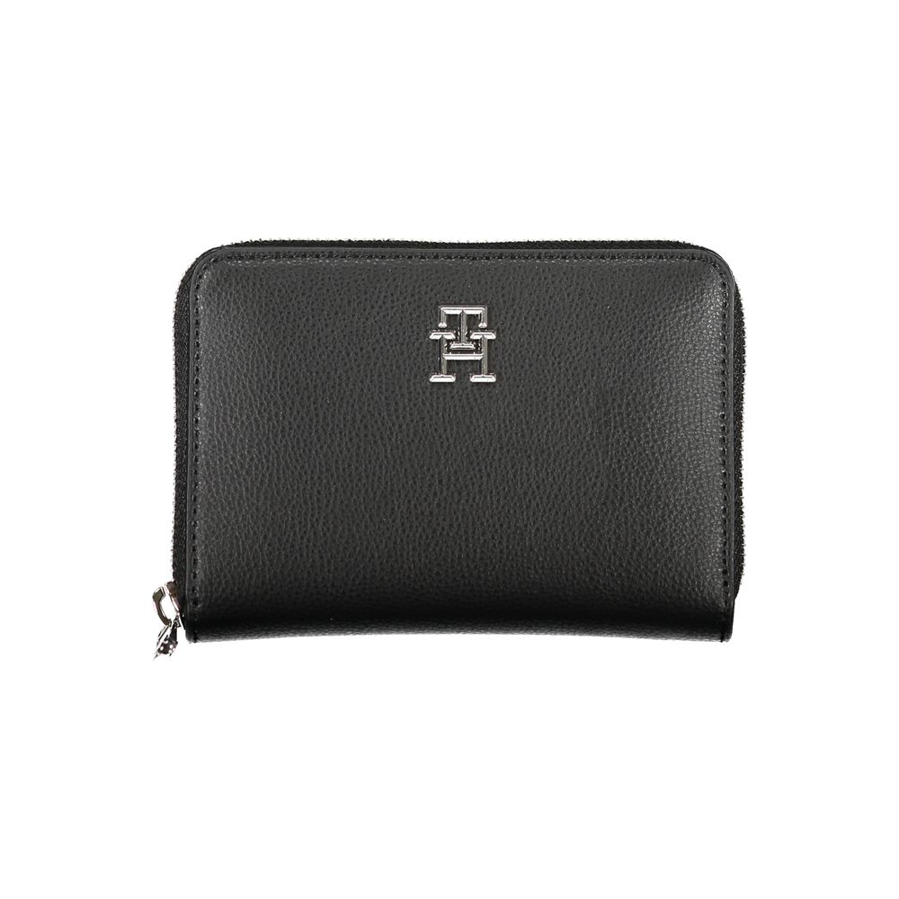 Elegante cartera negra con cremallera y múltiples compartimentos