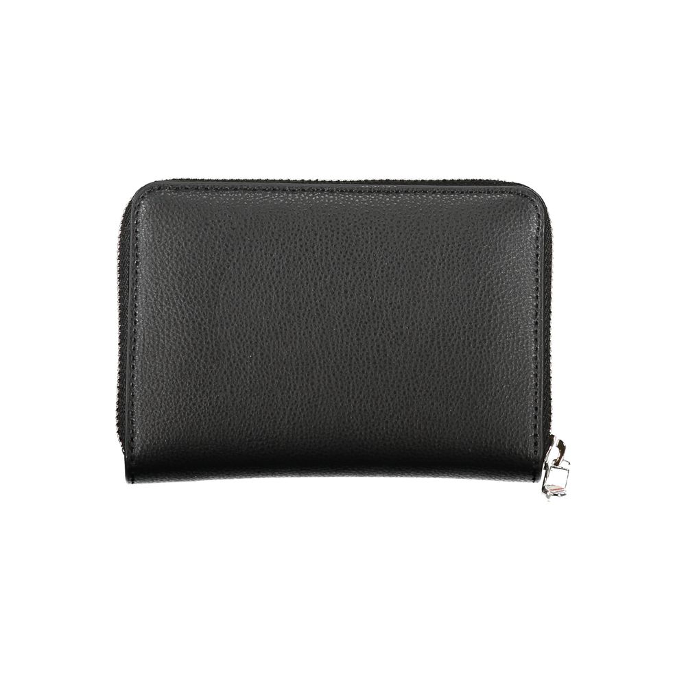 Elegante cartera negra con cremallera y múltiples compartimentos