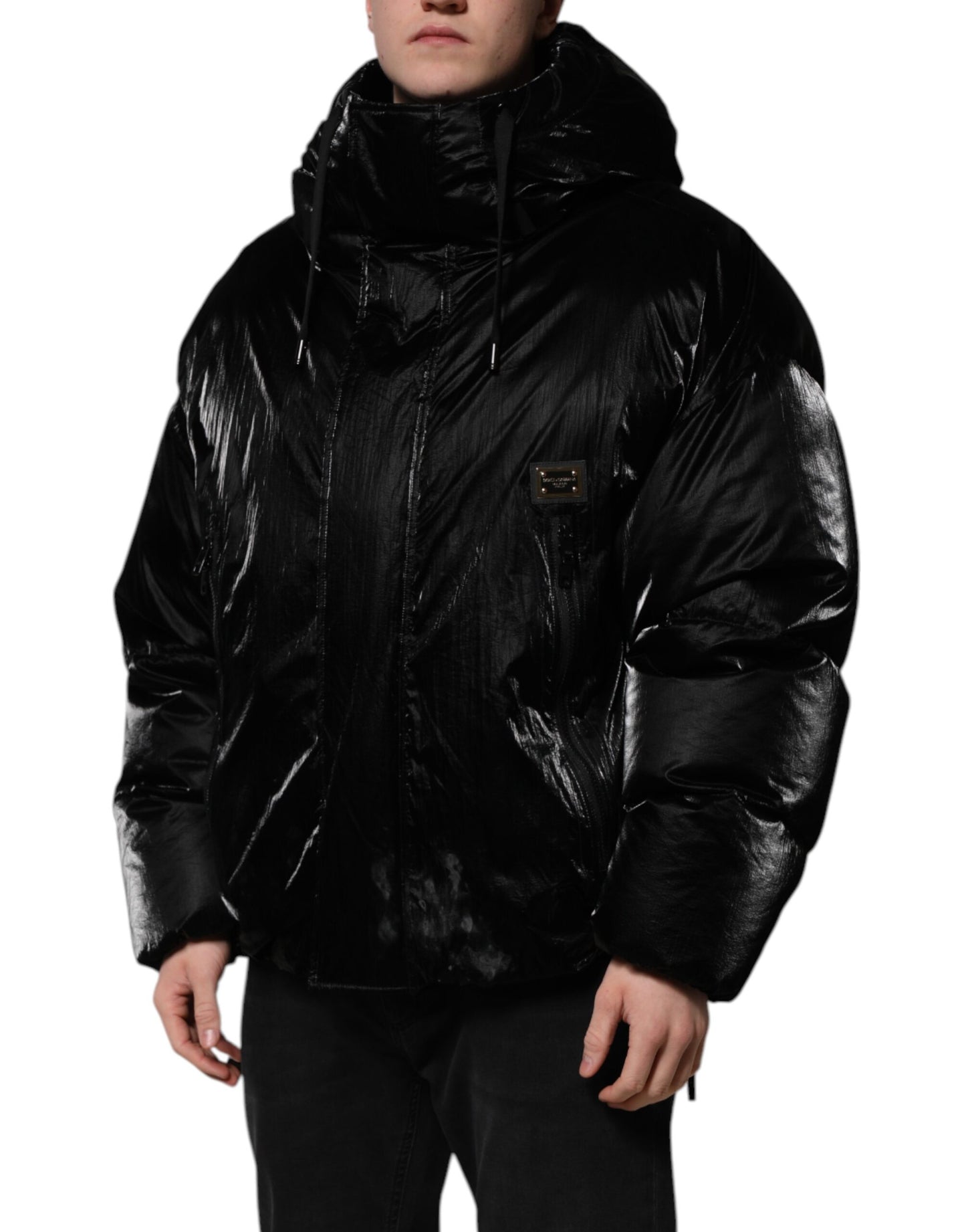 Chaqueta acolchada con capucha y cremallera completa con logotipo negro