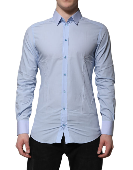 Camisa de vestir de manga larga para hombre de algodón azul dorado