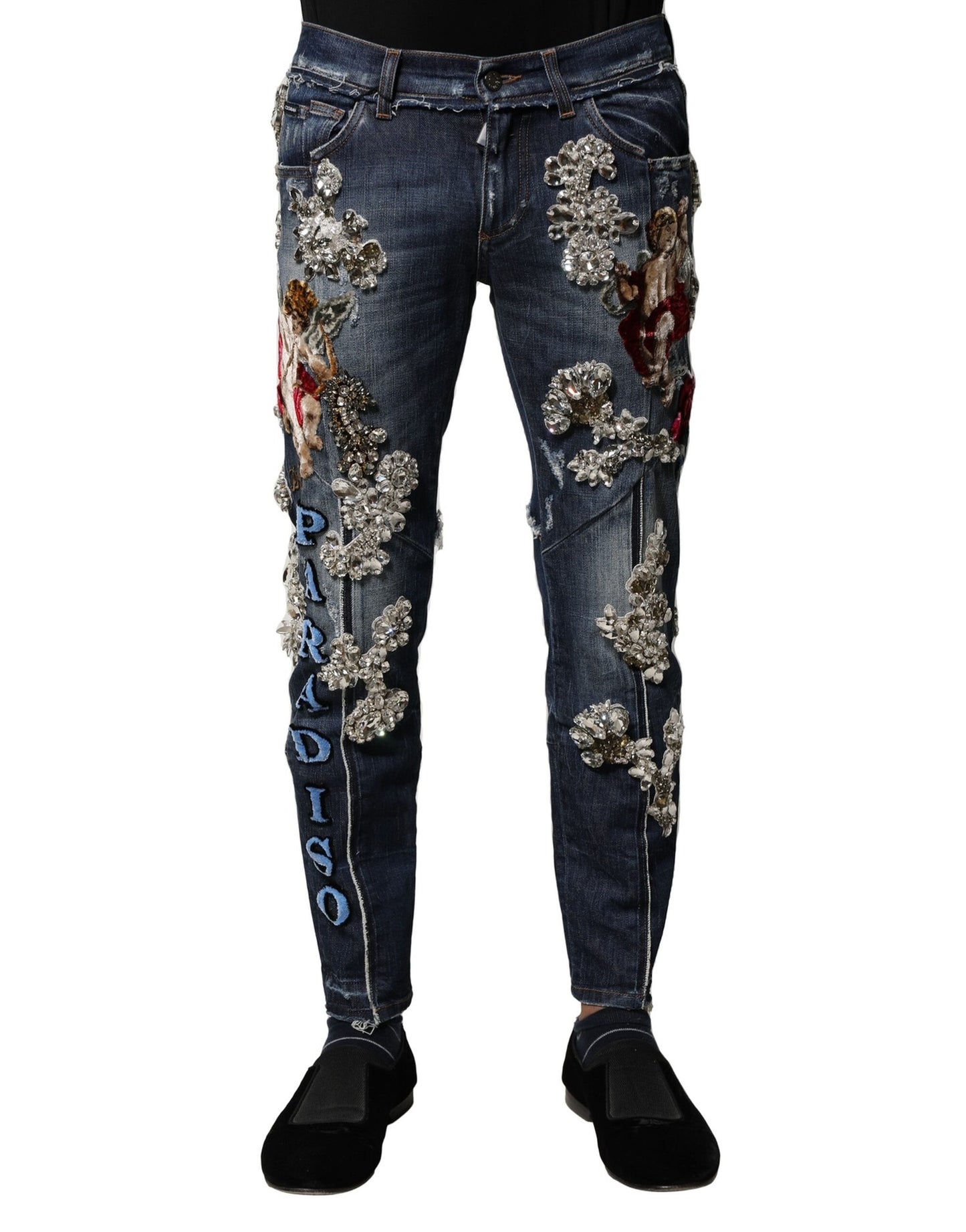 Jean en denim bleu orné de strass et de coton