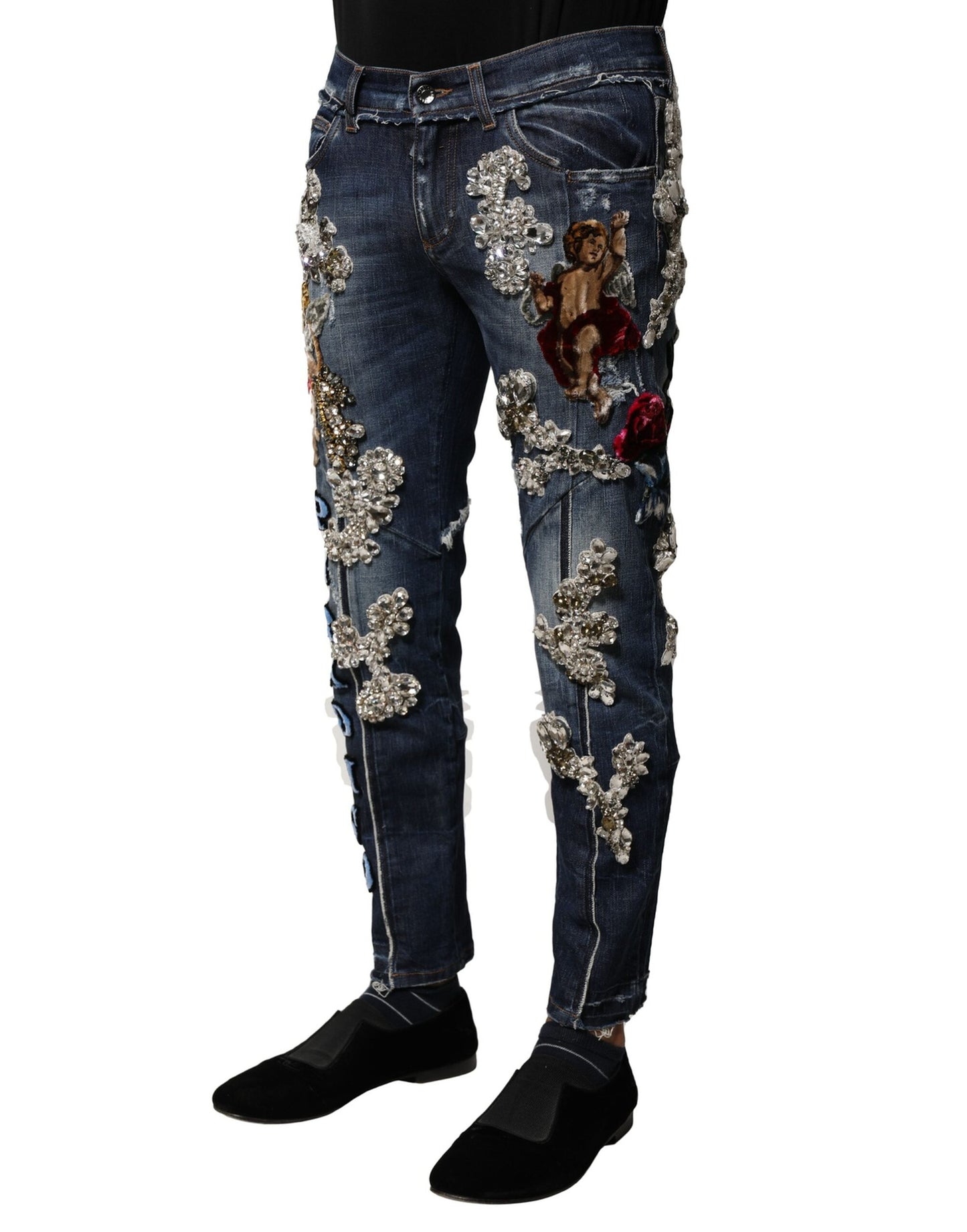 Jean en denim bleu orné de strass et de coton