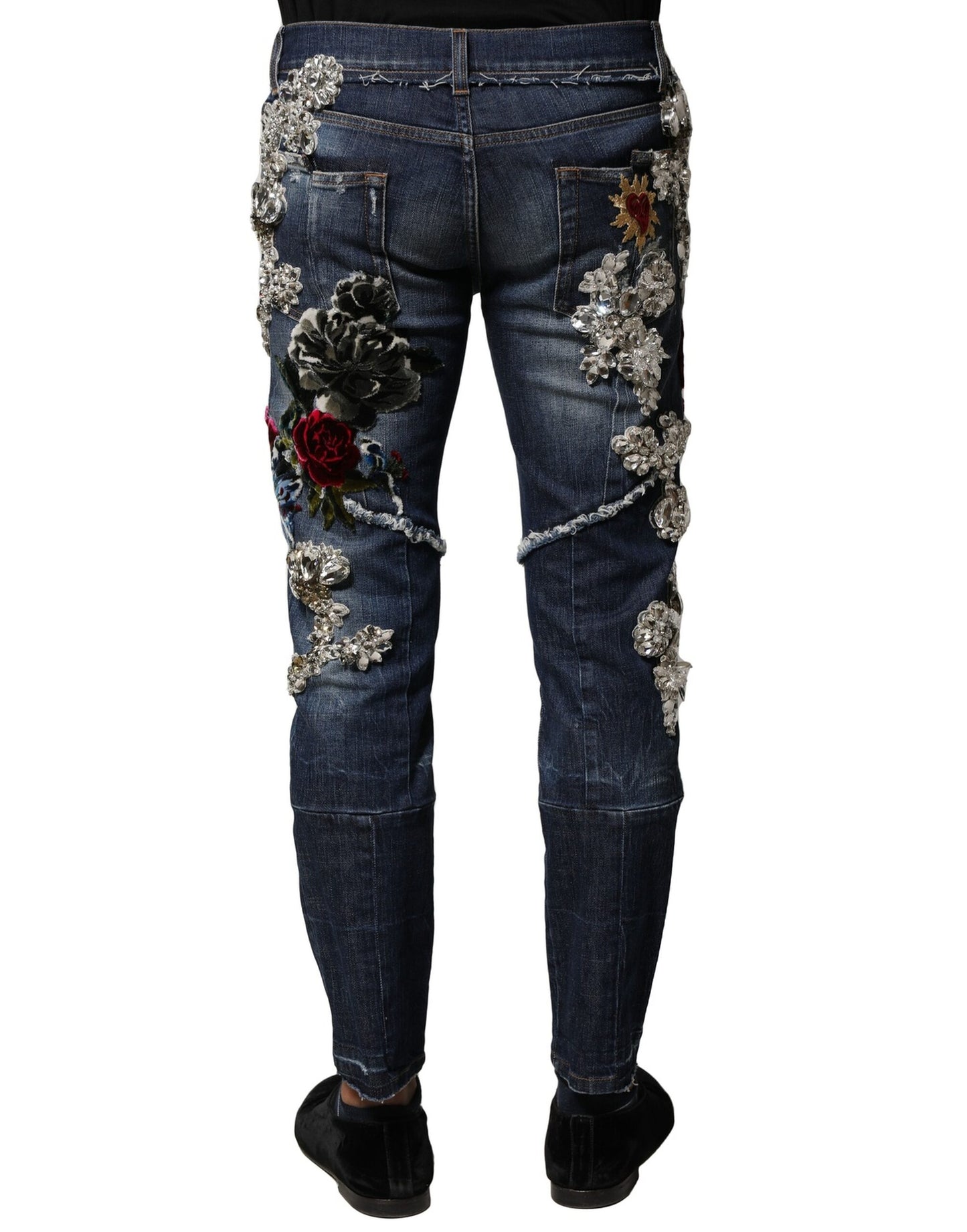 Jean en denim bleu orné de strass et de coton