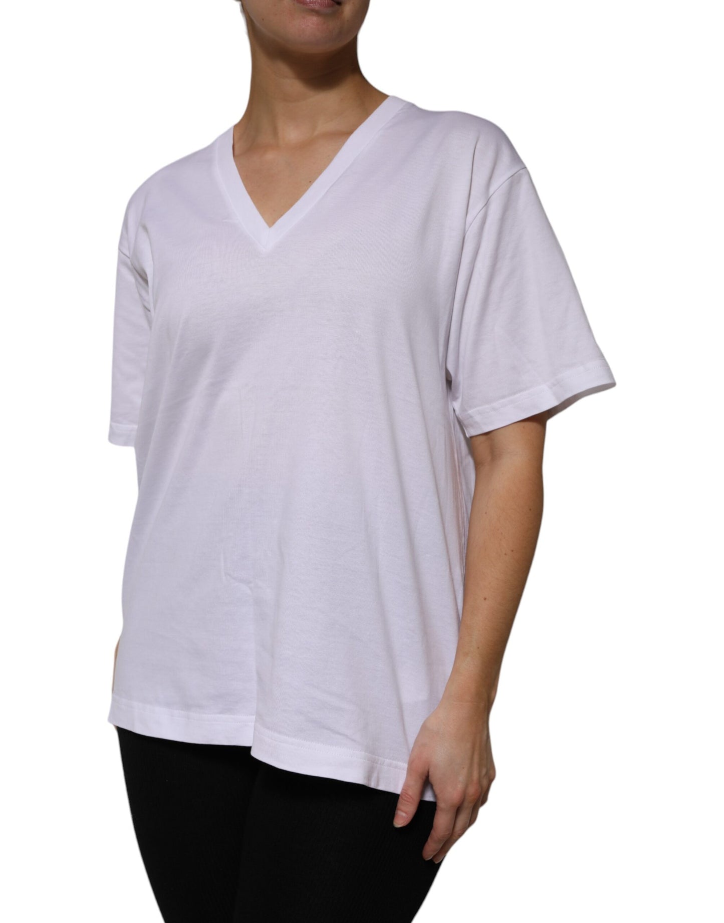 Camiseta blanca de algodón de manga corta con cuello en V