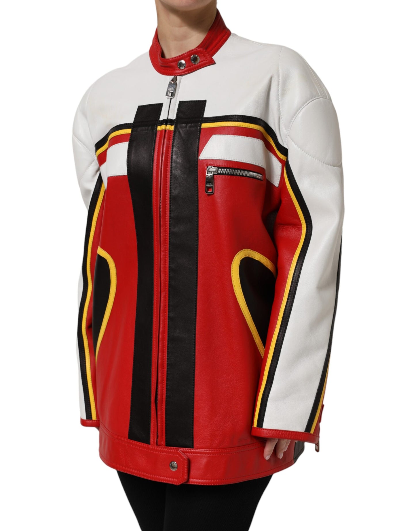 Veste de motard en cuir multicolore entièrement zippée