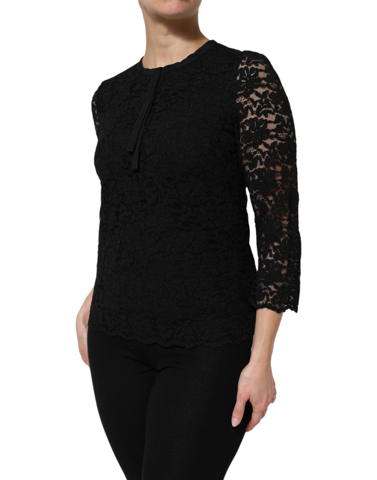 Blusa de manga larga con encaje de nailon negro