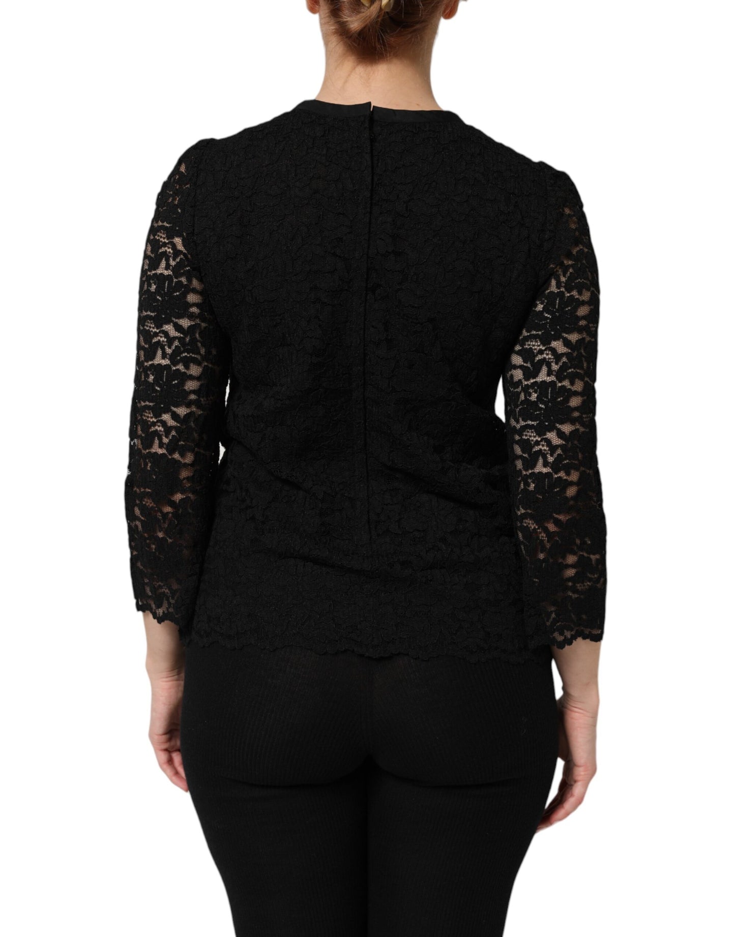 Blusa de manga larga con encaje de nailon negro