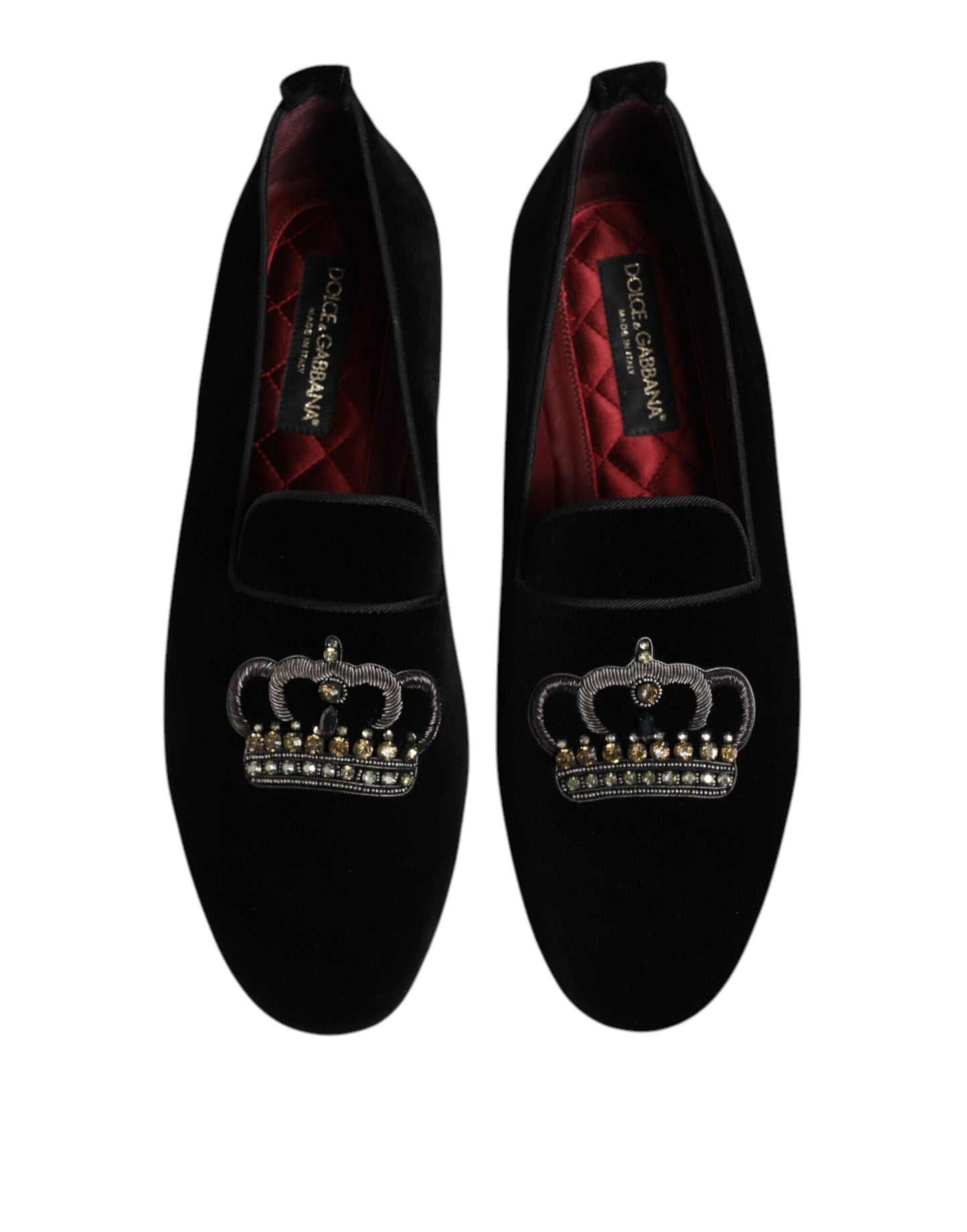 Mocasines de terciopelo negro con corona de cristal