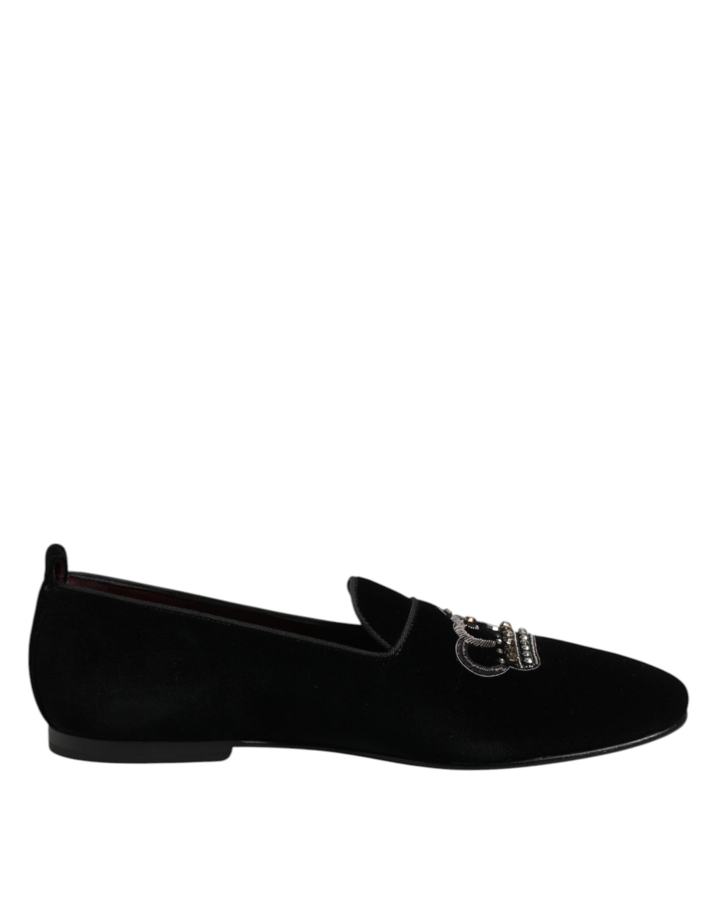 Mocasines de terciopelo negro con corona de cristal