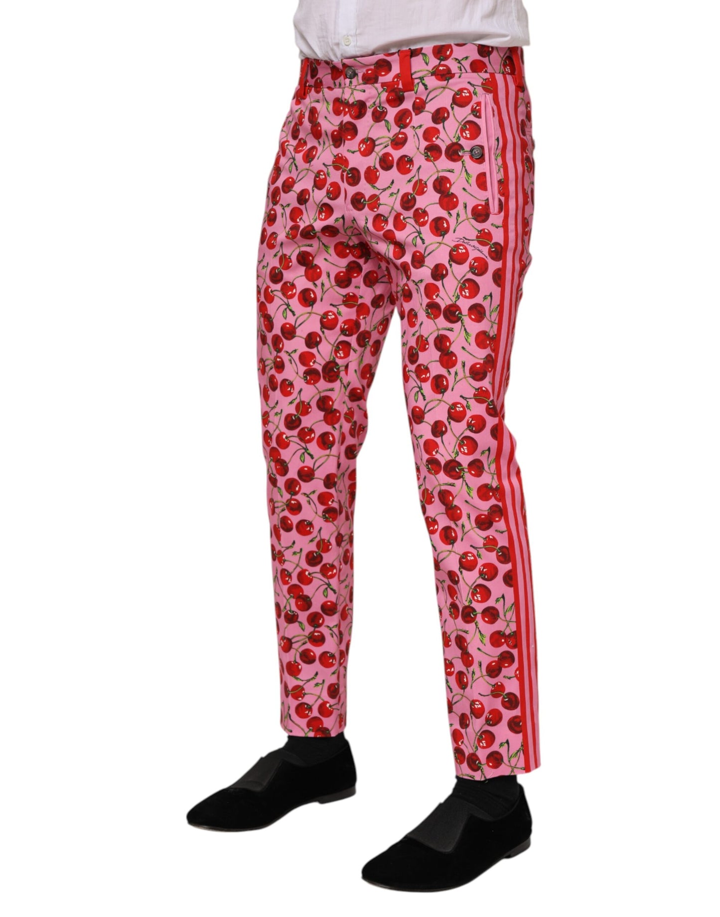 Pantalones de vestir de algodón con estampado de cerezas rosas