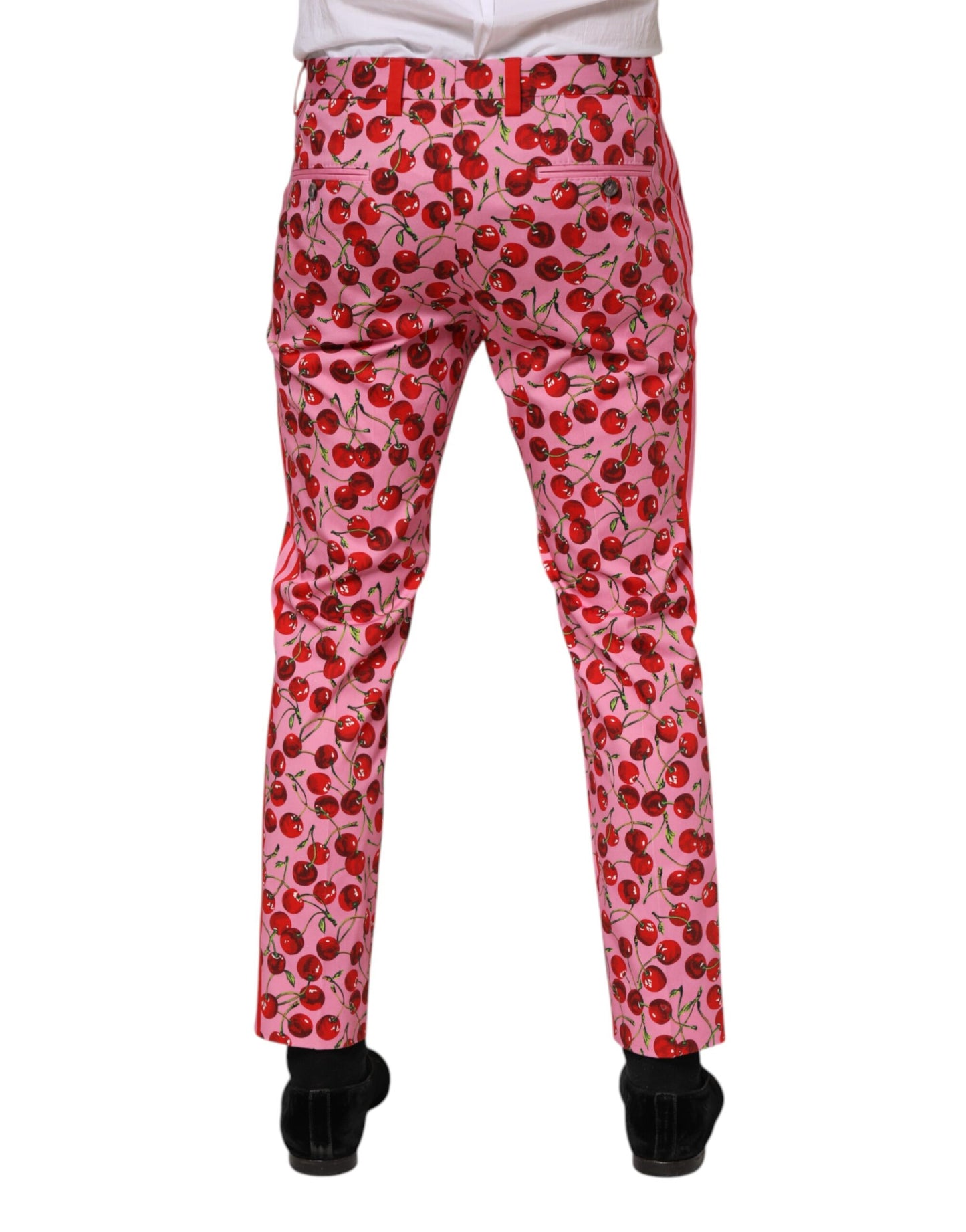 Pantalones de vestir de algodón con estampado de cerezas rosas