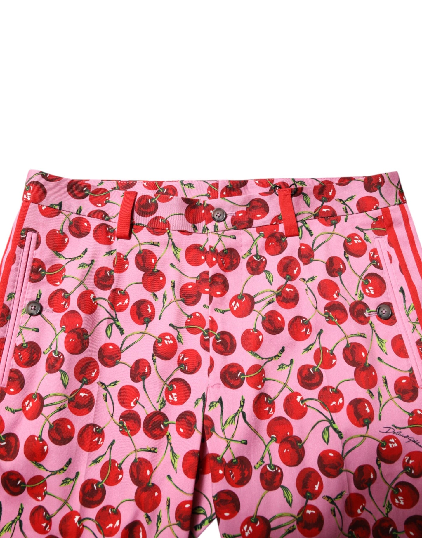 Pantalones de vestir de algodón con estampado de cerezas rosas