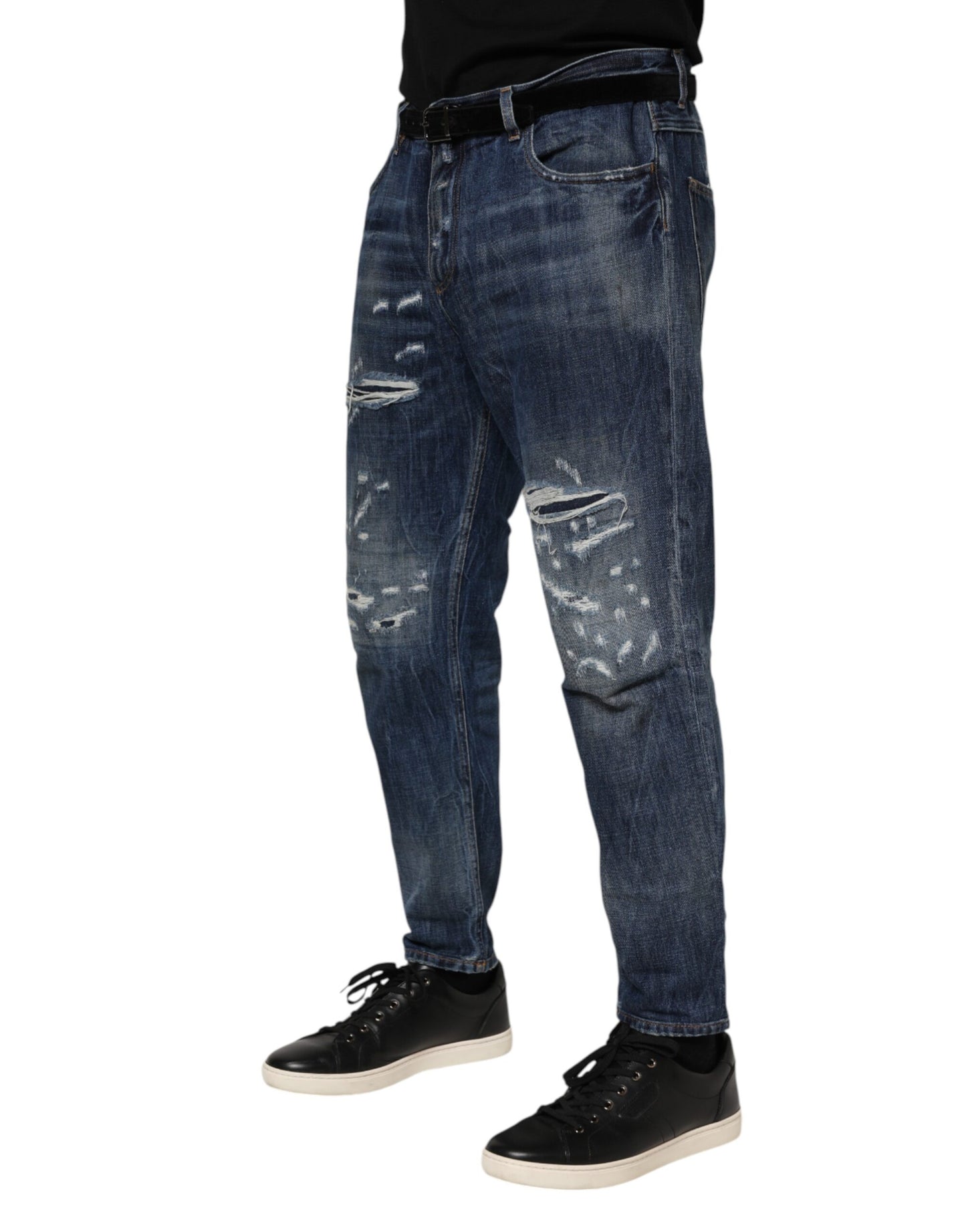 Vaqueros de mezclilla cónicos de algodón azul desgastado para hombre
