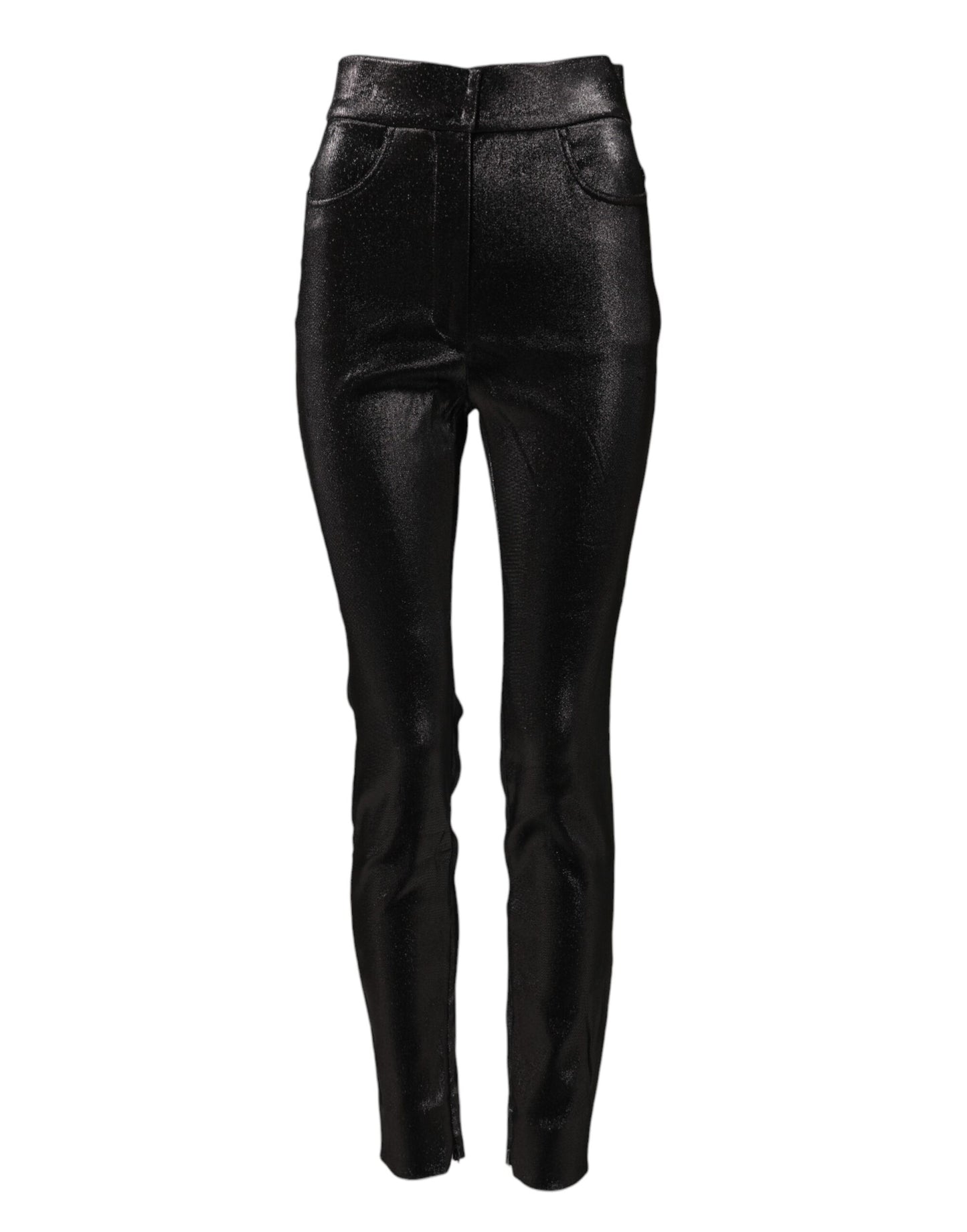 Pantalones de algodón negro elástico con hilo de lúrex plateado