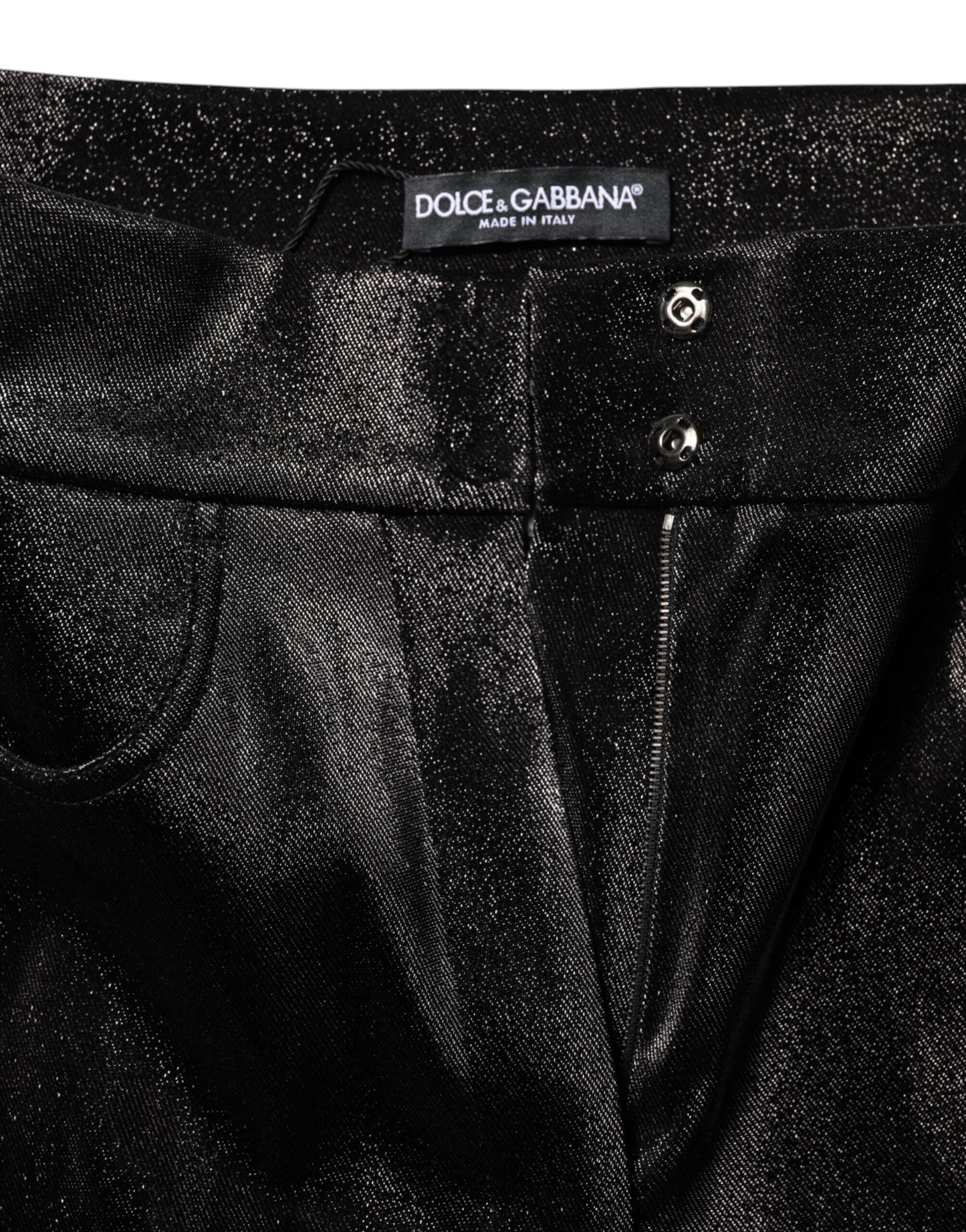 Pantalones de algodón negro elástico con hilo de lúrex plateado