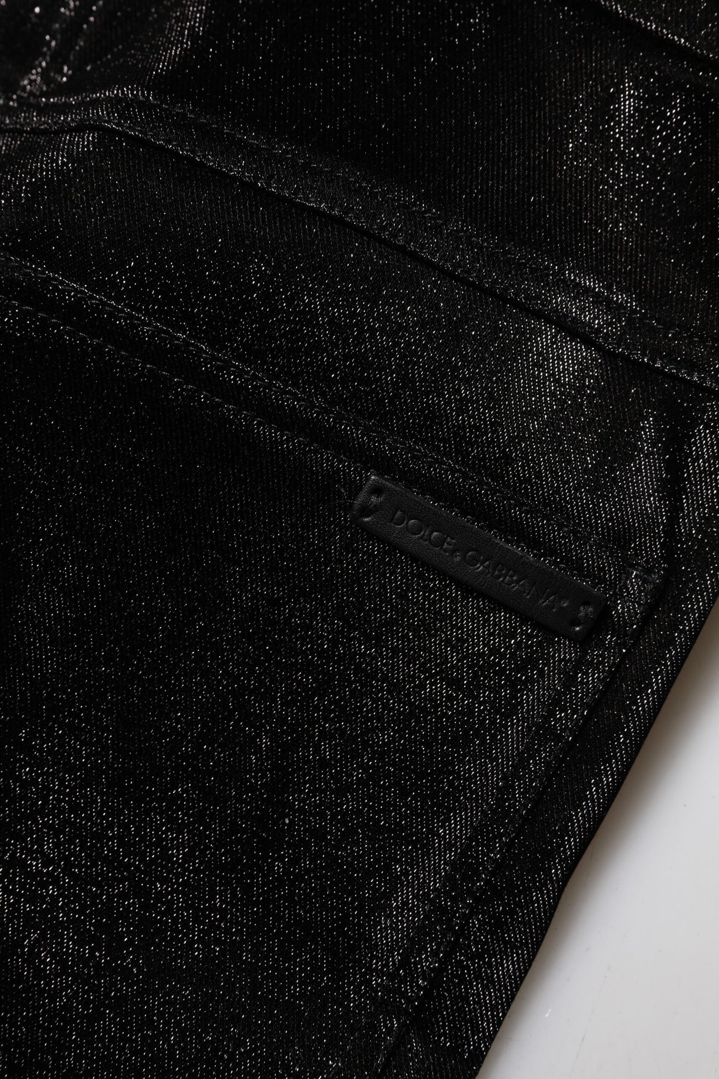 Pantalones de algodón negro elástico con hilo de lúrex plateado