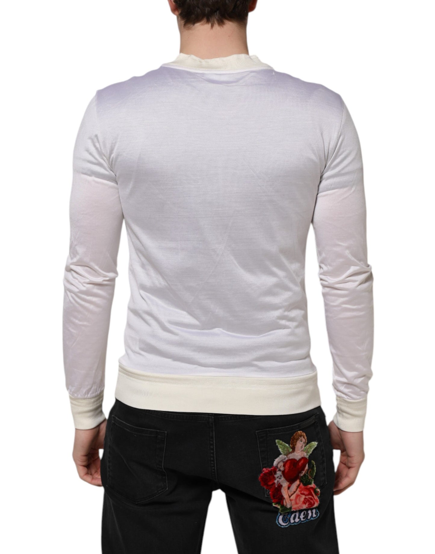 T-shirt ras du cou en soie blanche à manches longues