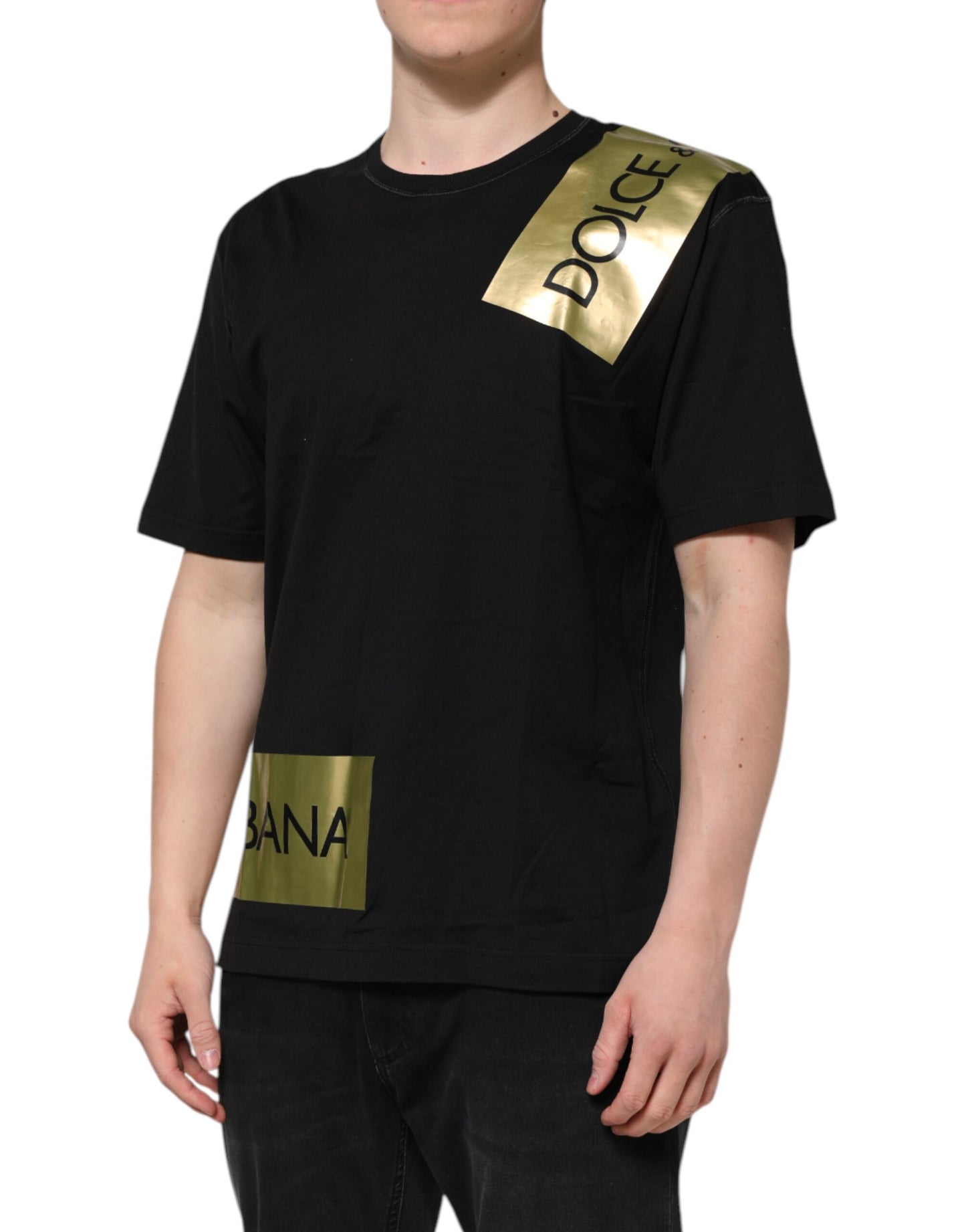 T-shirt ras du cou en coton noir avec logo et ruban adhésif pour homme