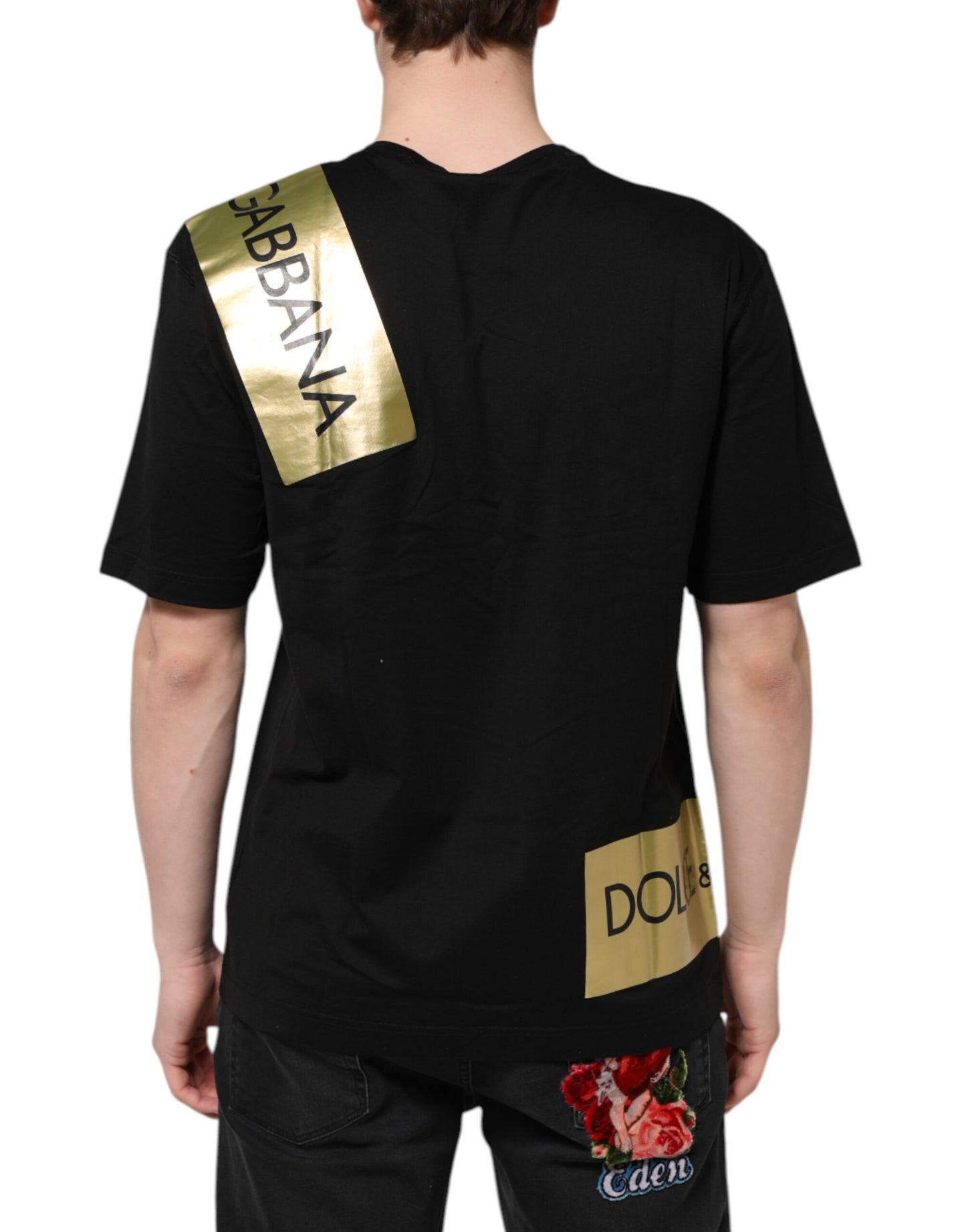T-shirt ras du cou en coton noir avec logo et ruban adhésif pour homme