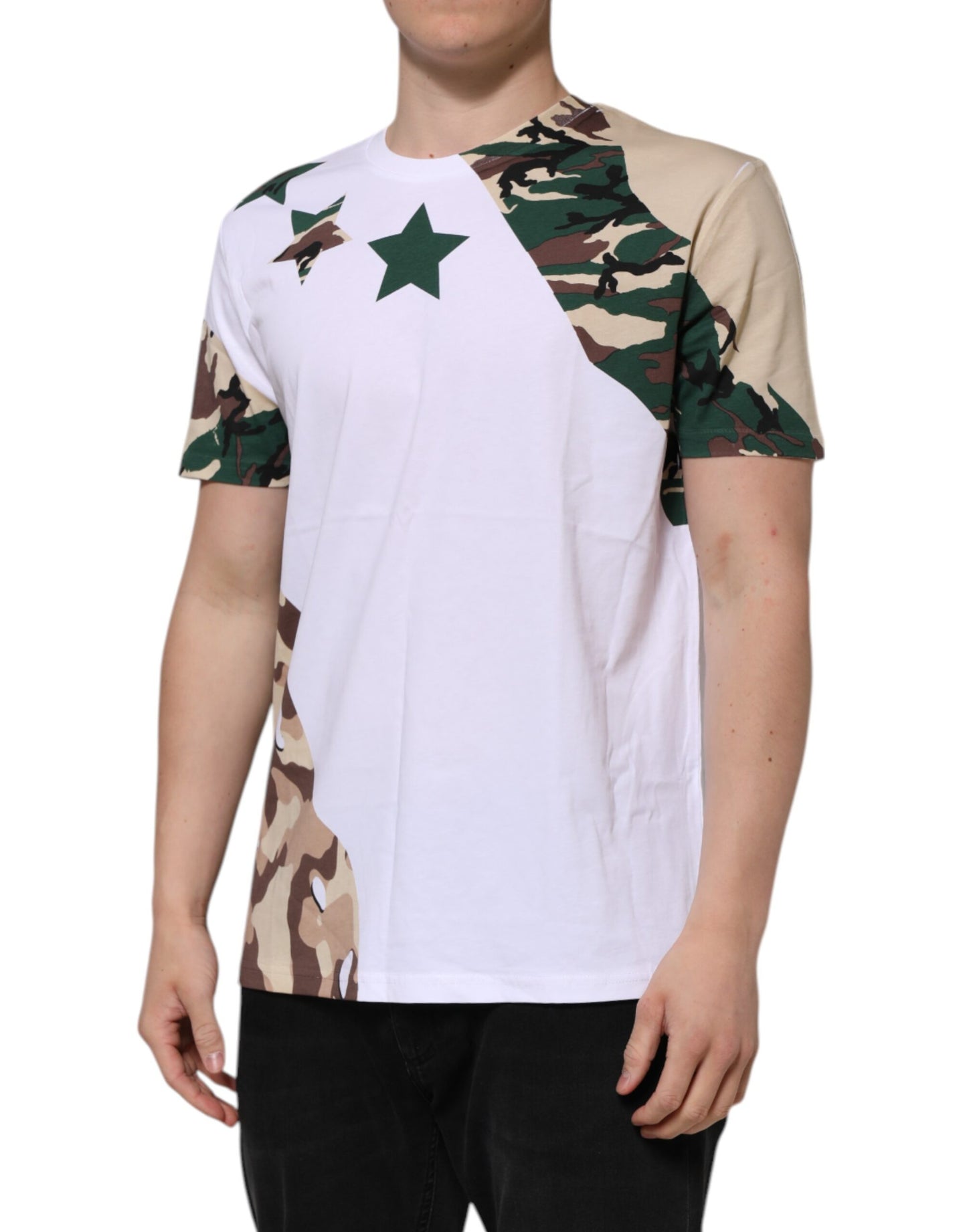 T-shirt col rond camouflage blanc en coton pour homme