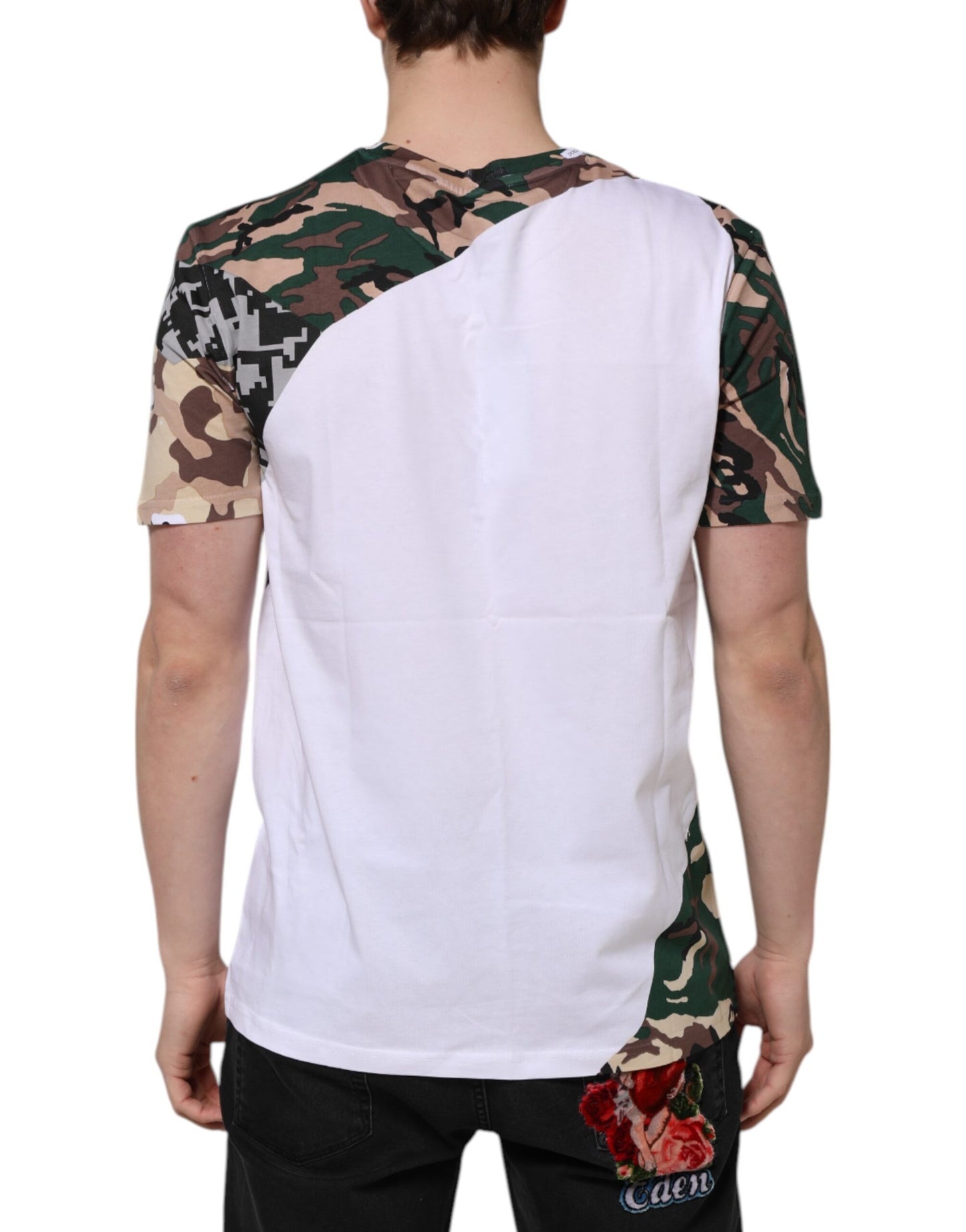 T-shirt col rond camouflage blanc en coton pour homme