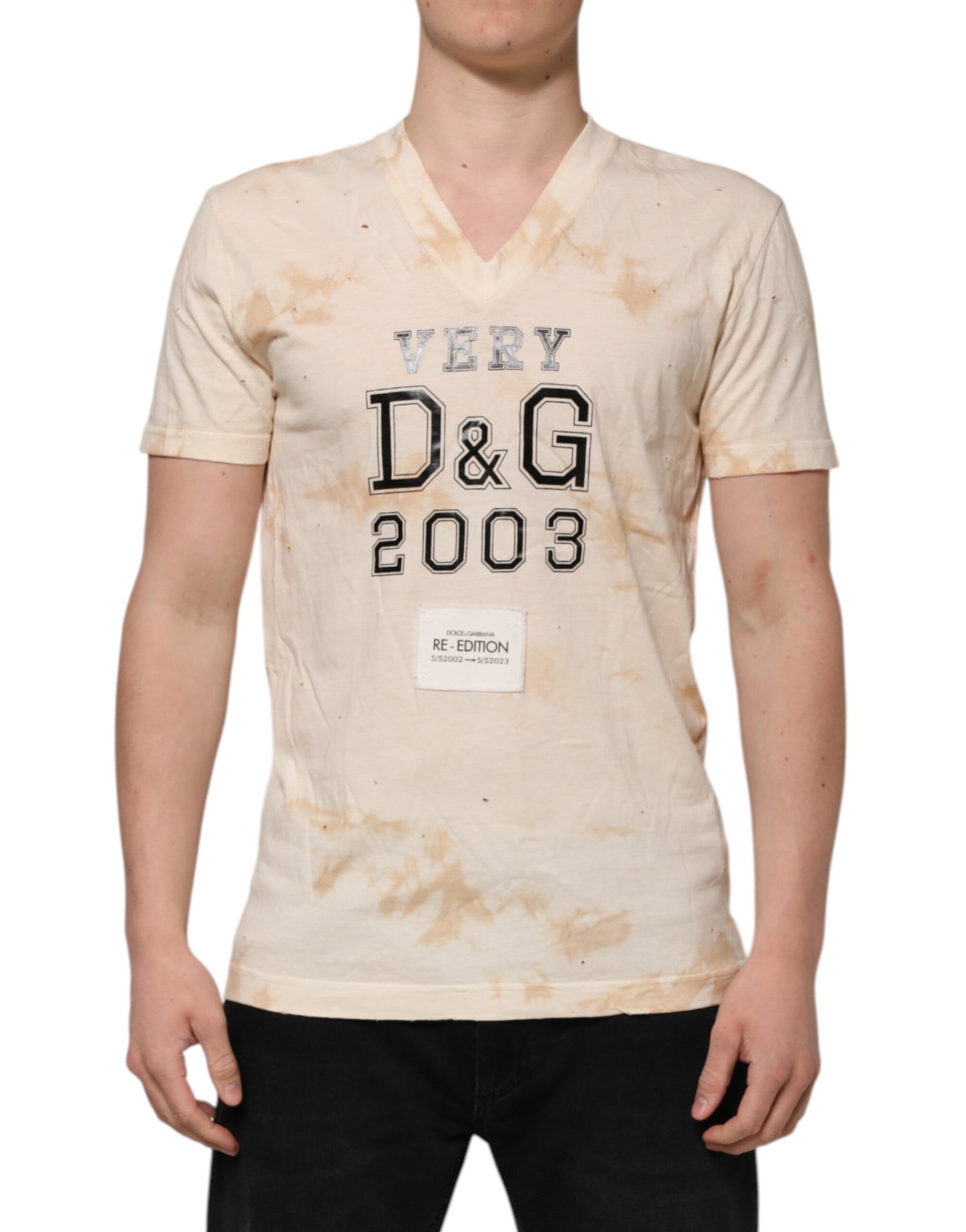 T-shirt à manches courtes et col en V avec logo beige