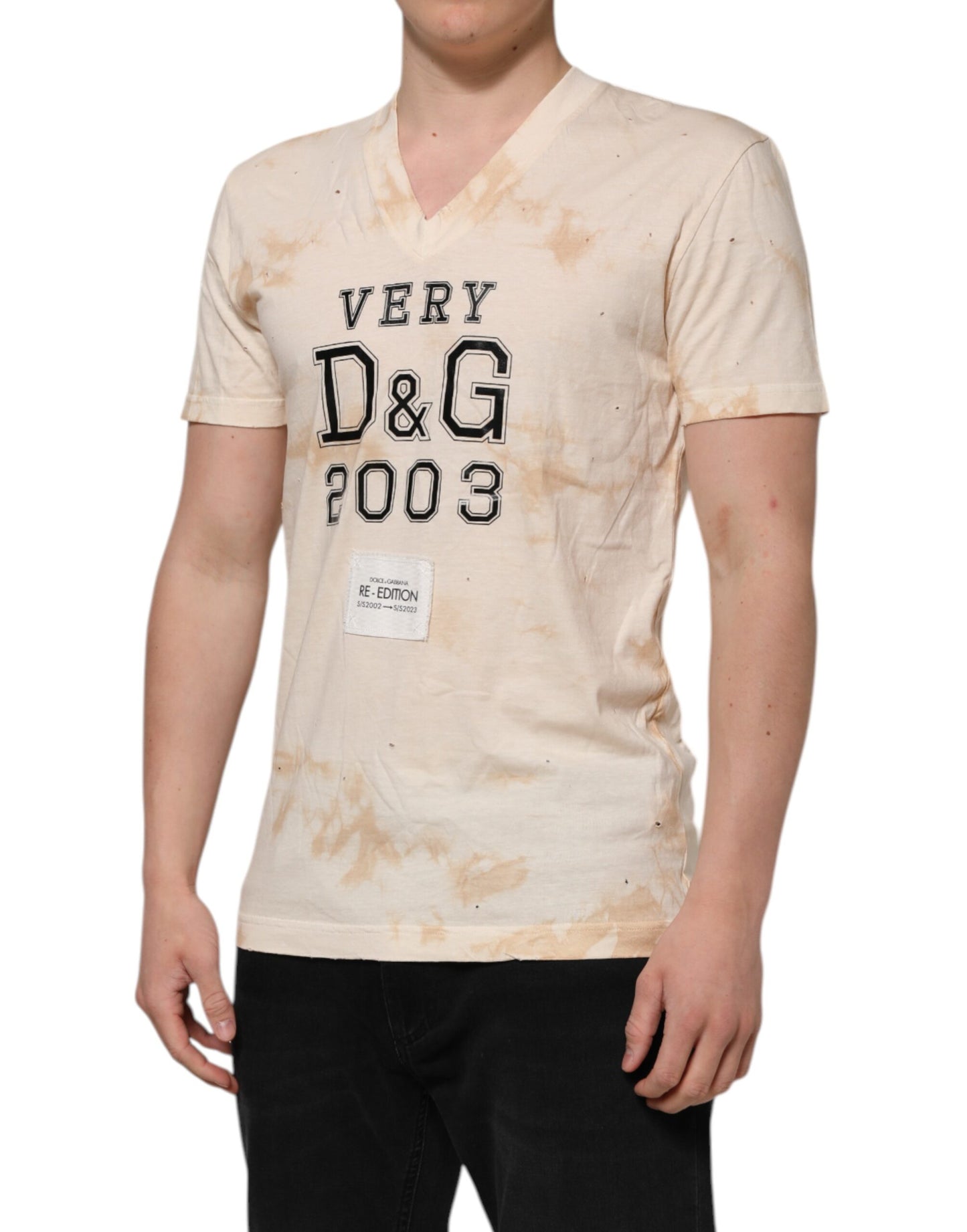 T-shirt à manches courtes et col en V avec logo beige