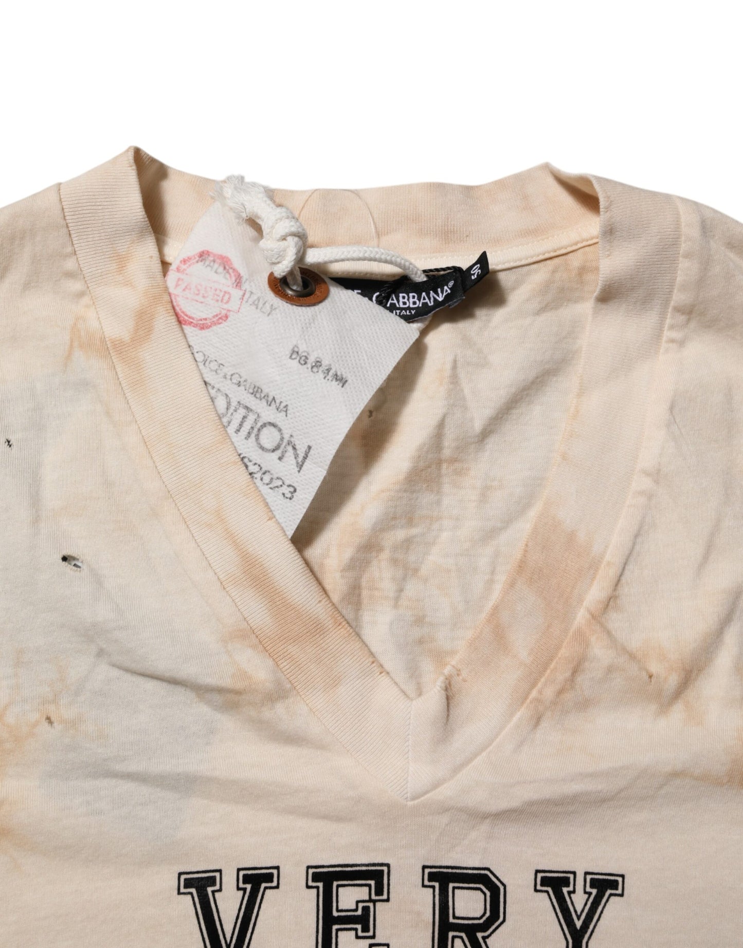 T-shirt à manches courtes et col en V avec logo beige