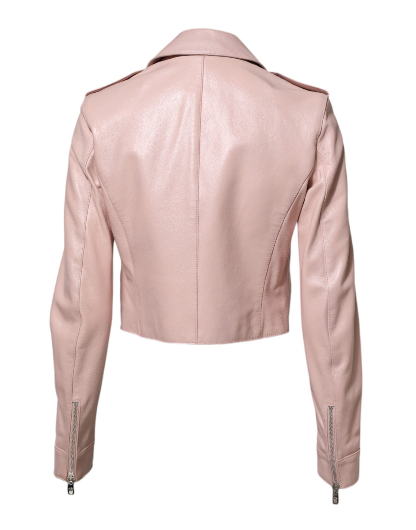 Chaqueta motera de cuero con cuello rosa claro para mujer