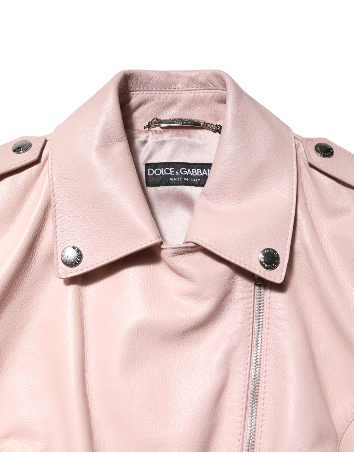 Chaqueta motera de cuero con cuello rosa claro para mujer