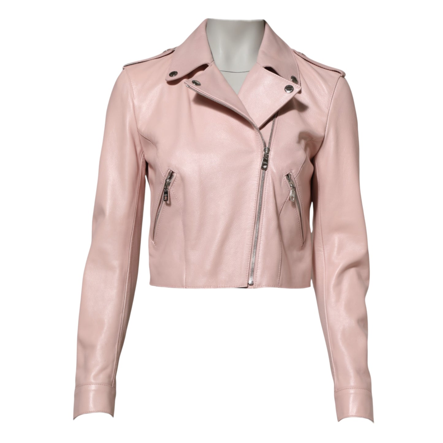Chaqueta motera de cuero con cuello rosa claro para mujer